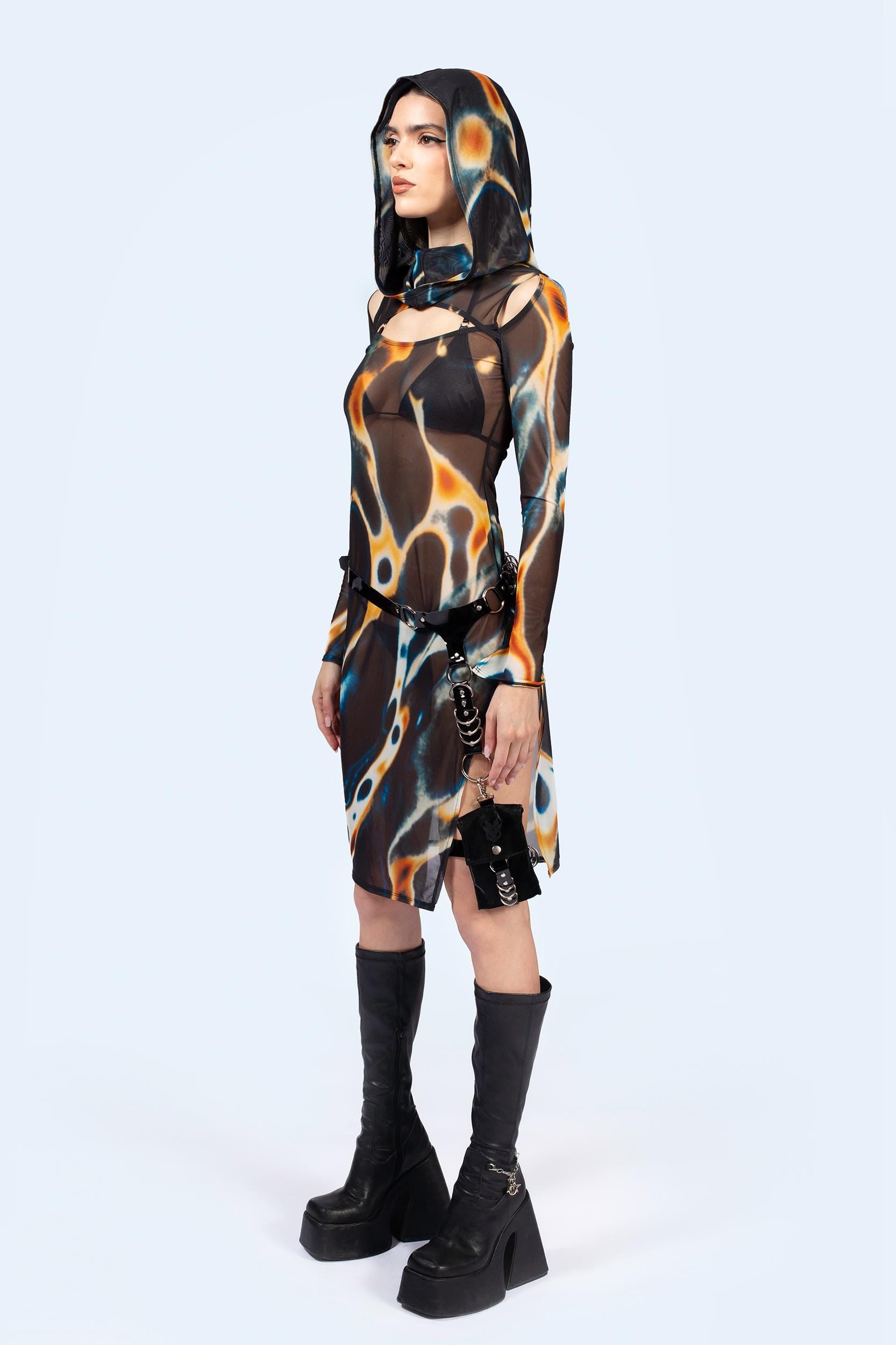 BADINKA Slow Drift Mesh Hooded Dress Mesh, see-through