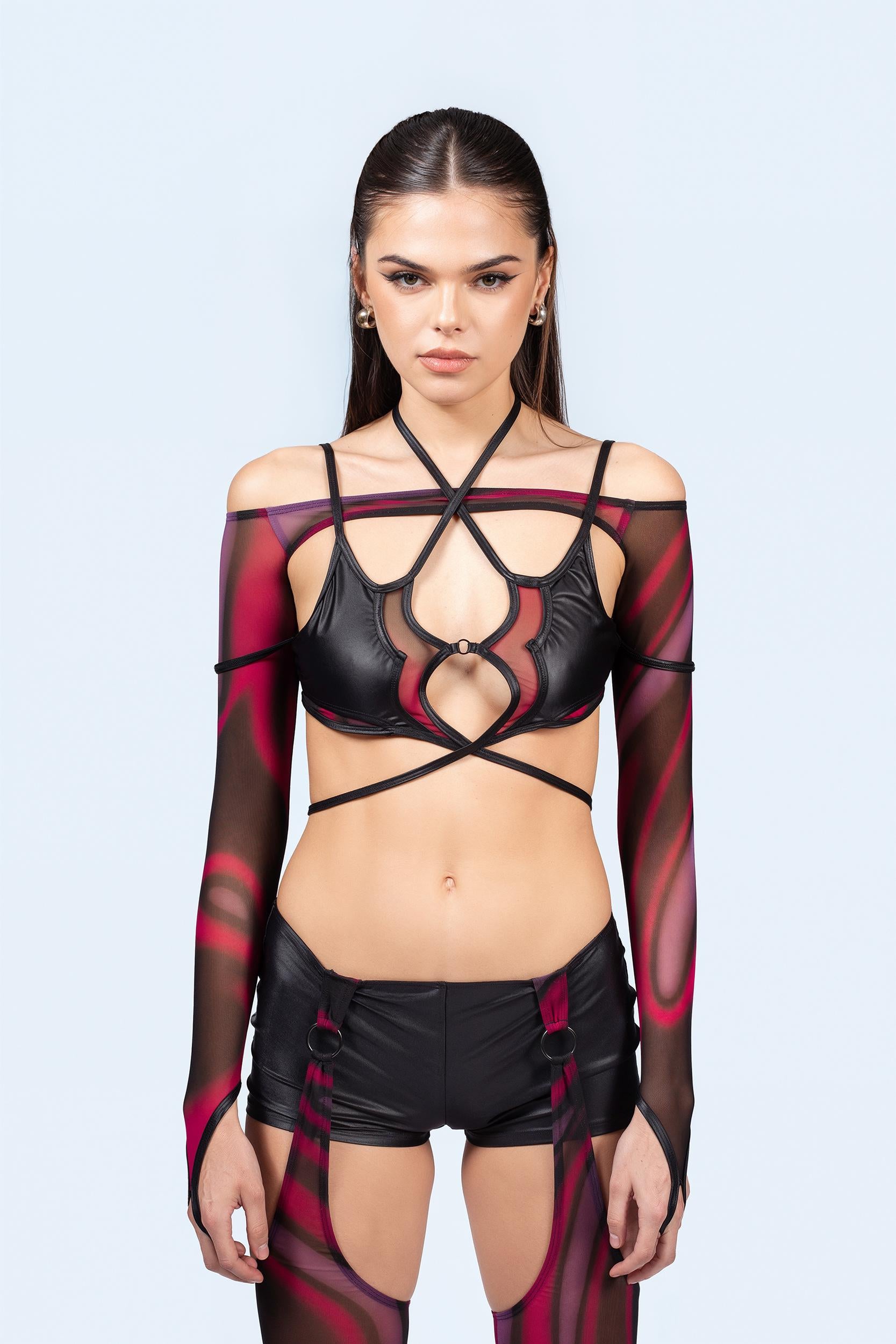 BADINKA Flow Top And Shorts With Chaps Set Mesh, shiny
