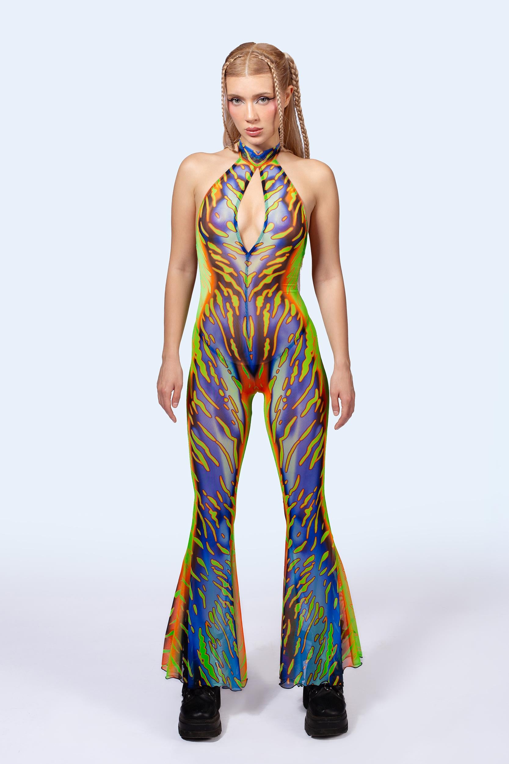 BADINKA Heightened Instinct Toxic Mesh Halter Romper Blue, yellow