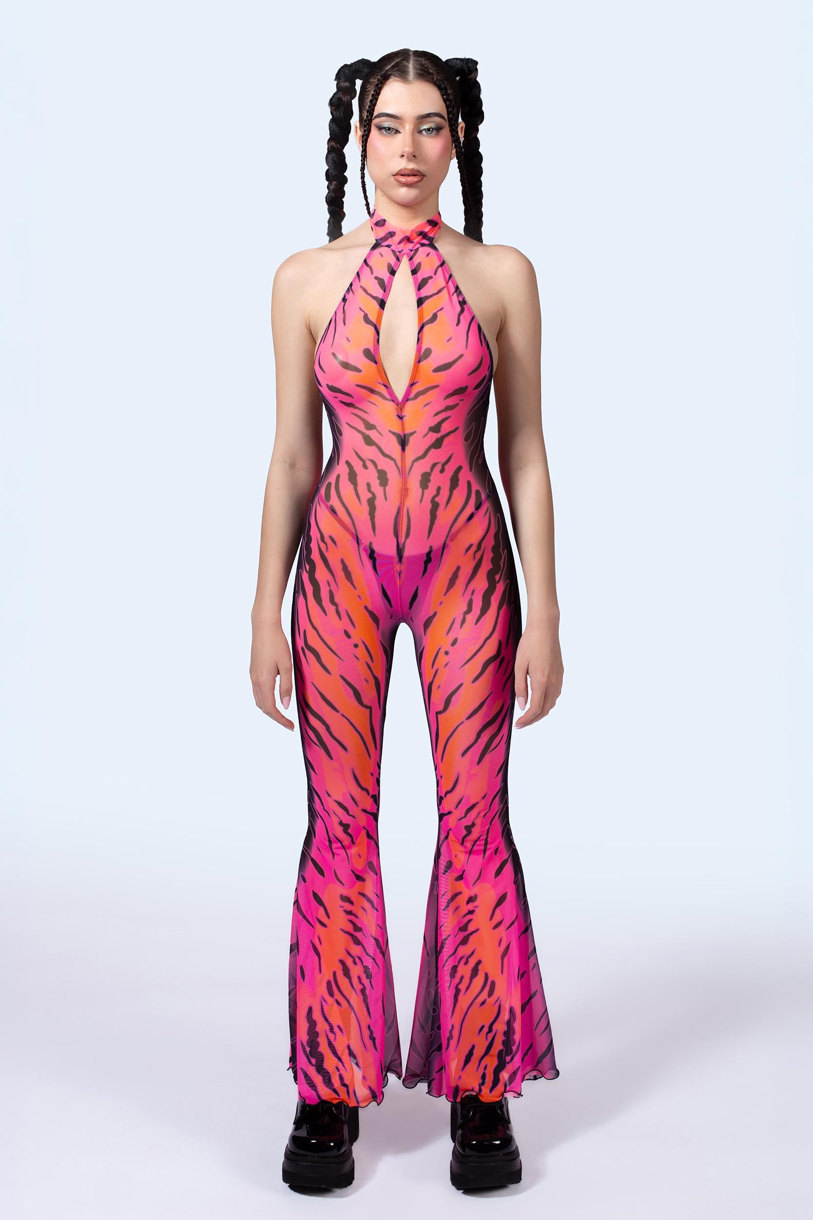 BADINKA Heightened Instinct Pink Mesh Halter Romper Pink