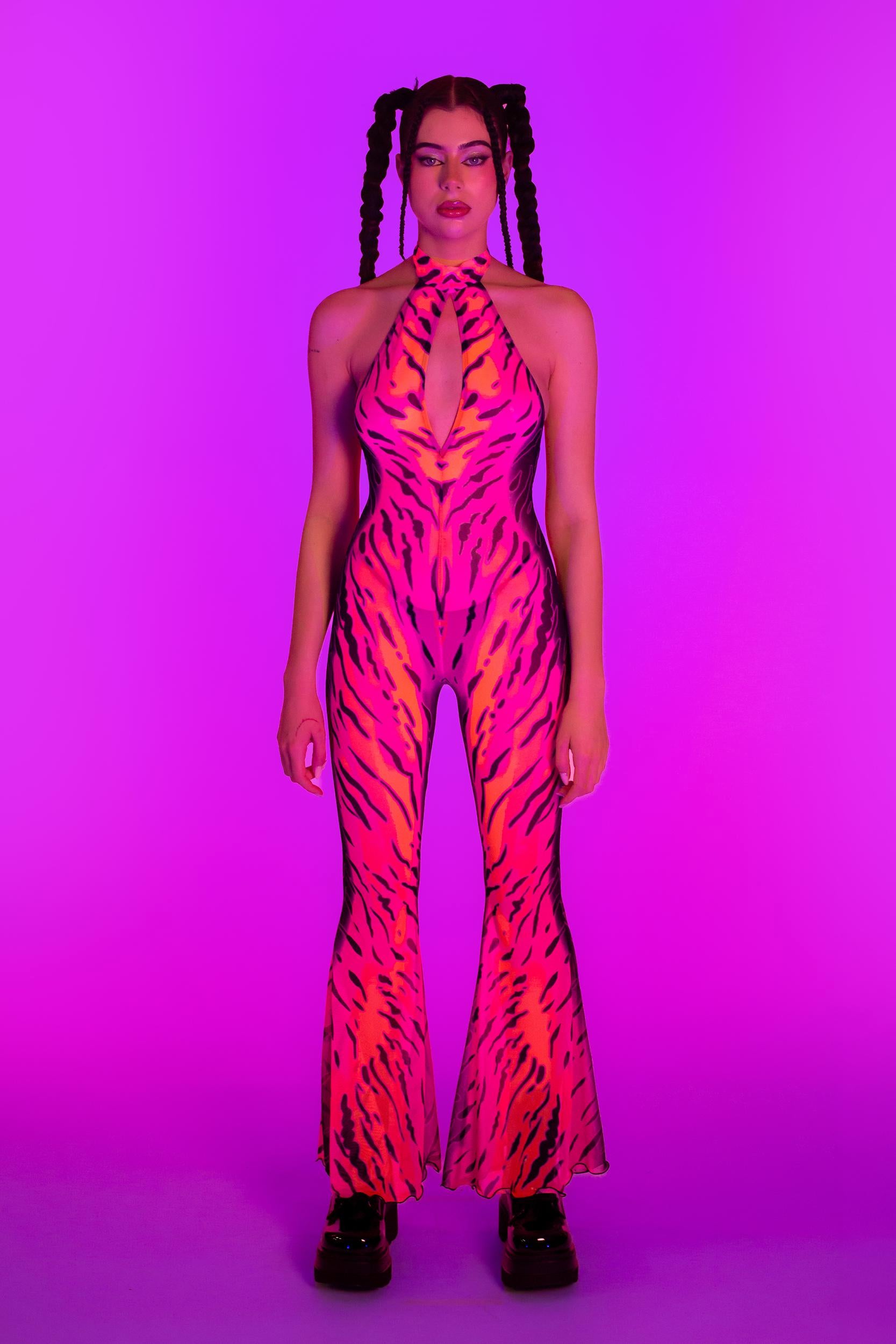 BADINKA Heightened Instinct Pink Mesh Halter Romper Mesh, neon