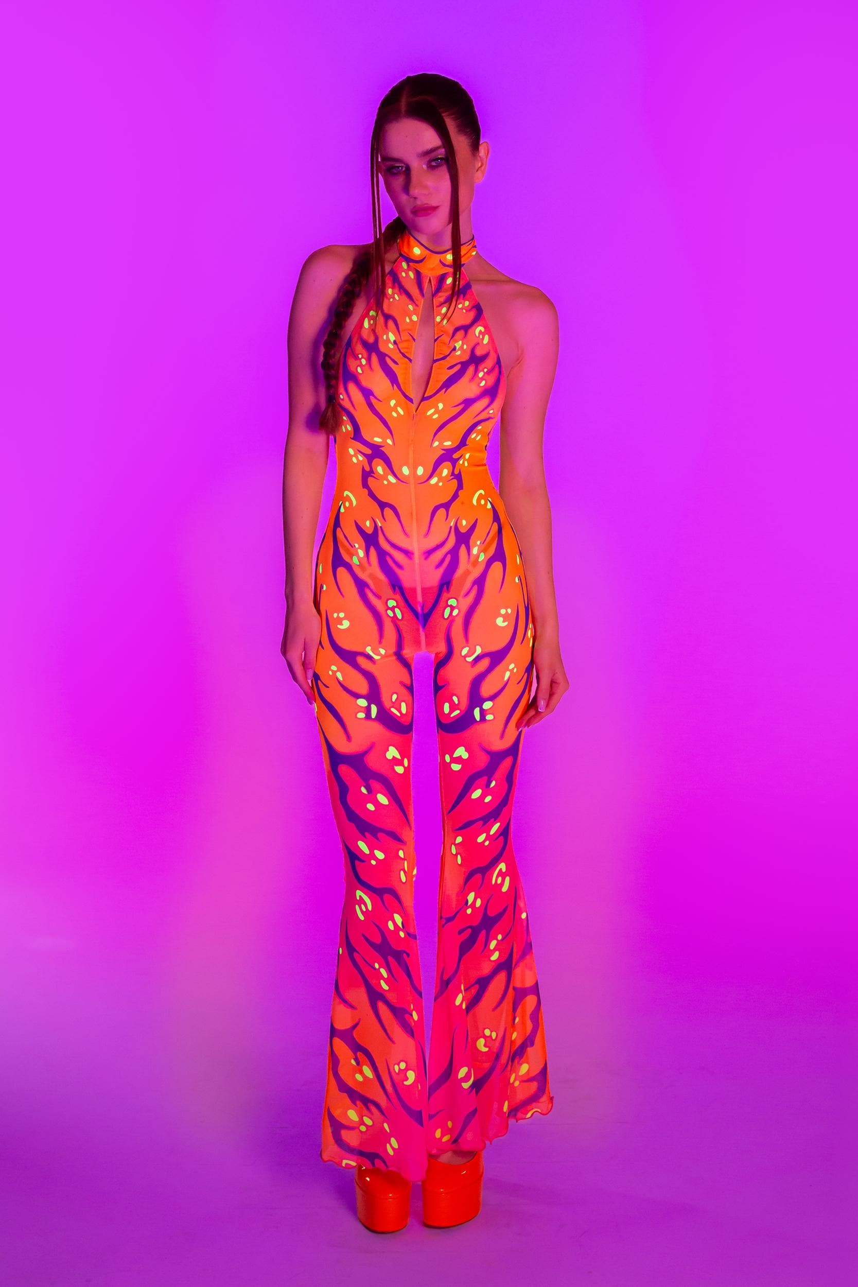 BADINKA Fire Sign Mesh Halter Romper Mesh, neon