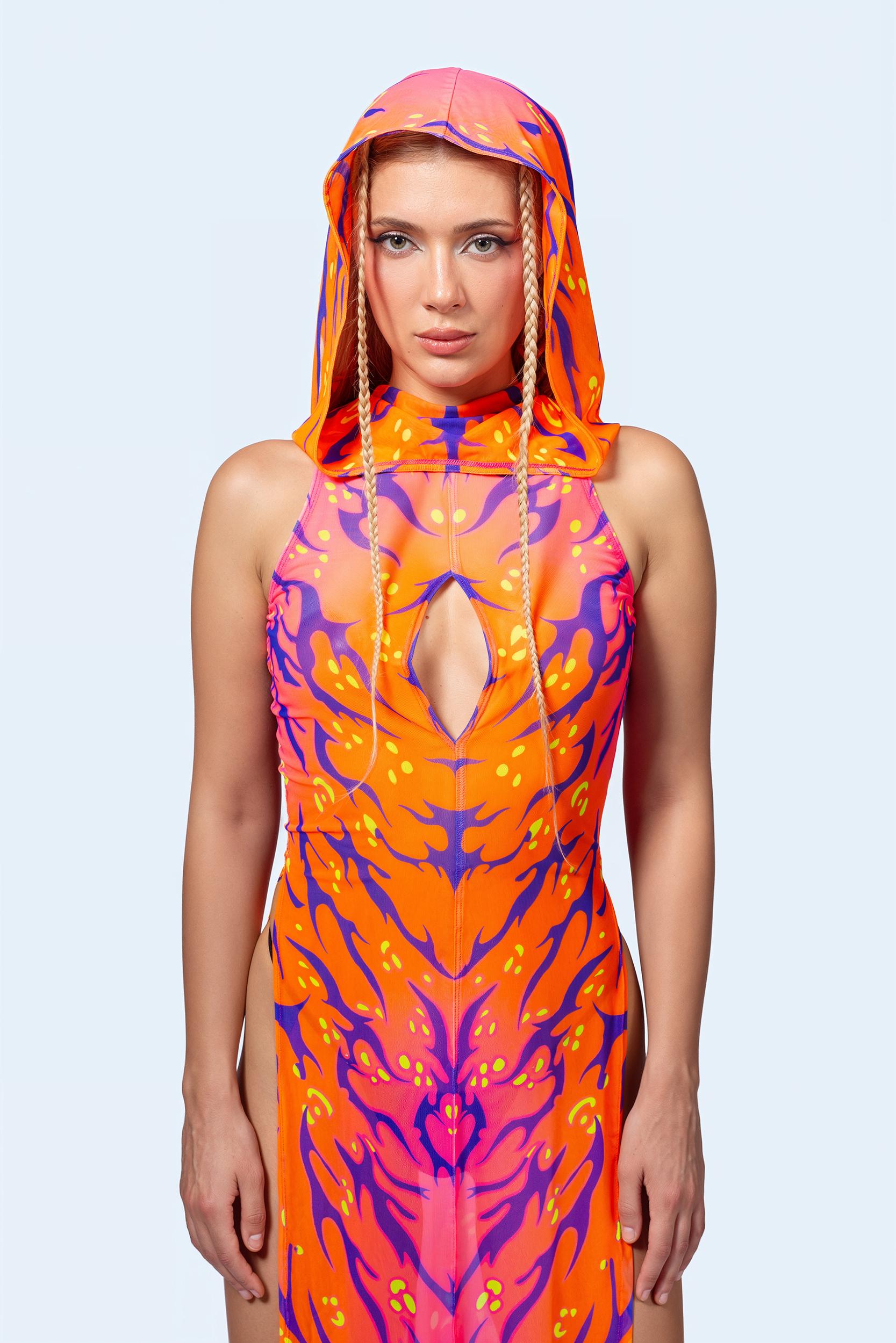 BADINKA Fire Sign Hooded High Slit Dress Orange, pink