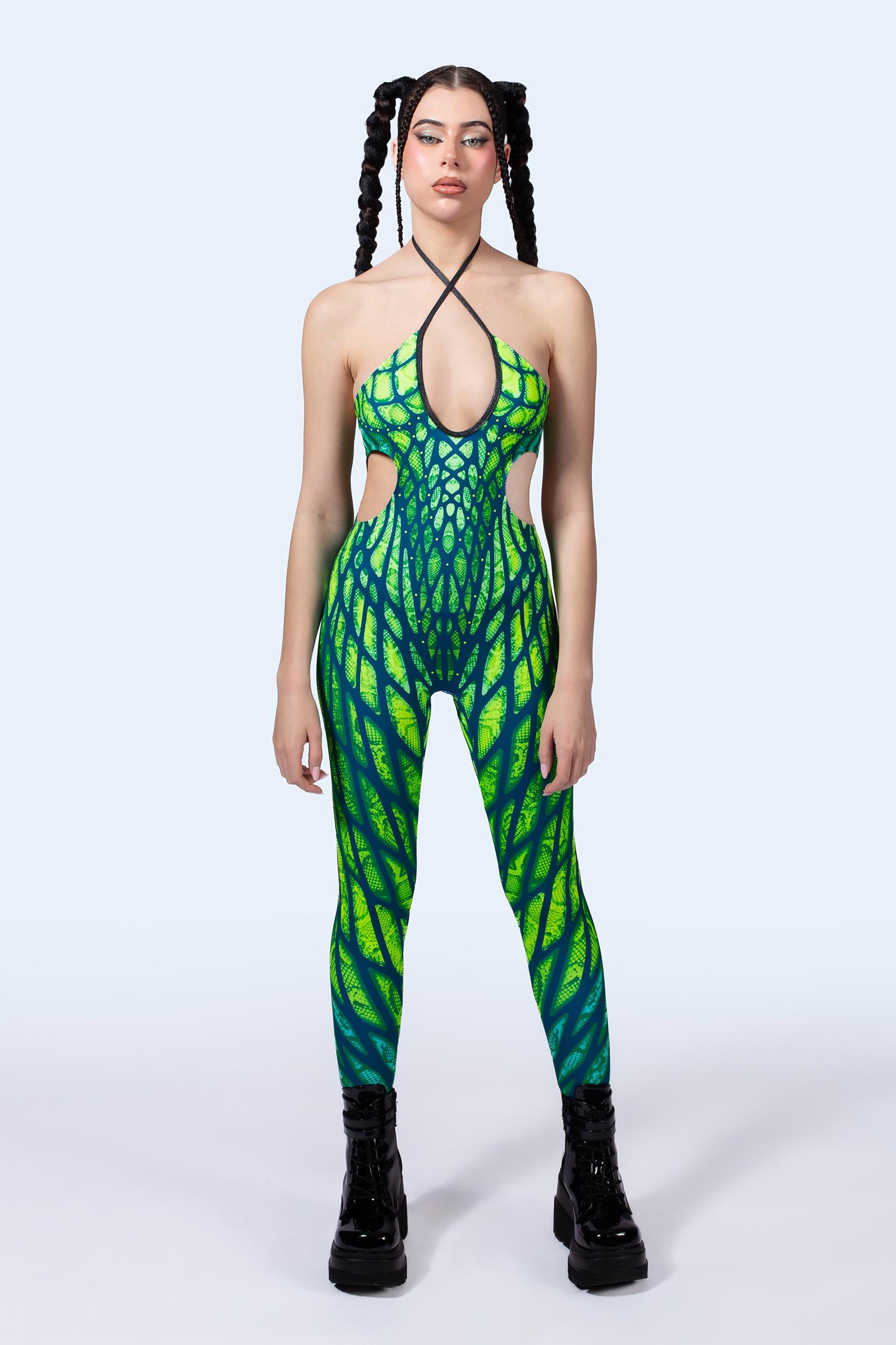 BADINKA Under My Skin Green Keyhole Halter Catsuit Green