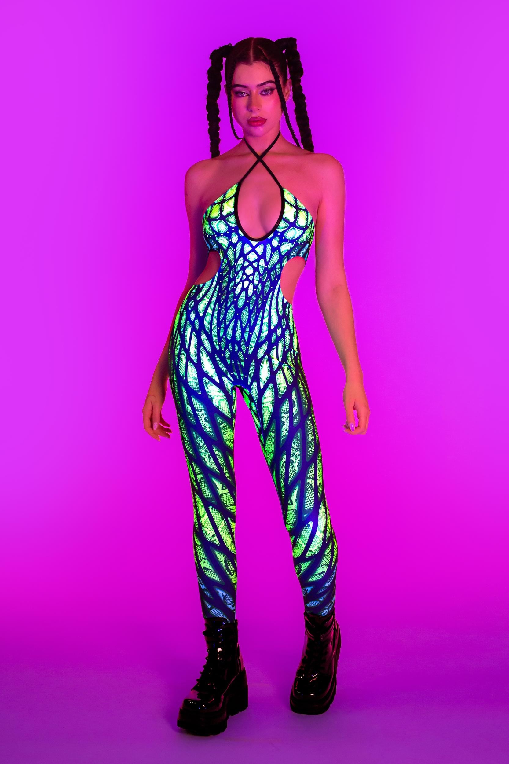 BADINKA Under My Skin Green Keyhole Halter Catsuit Neon, spandex
