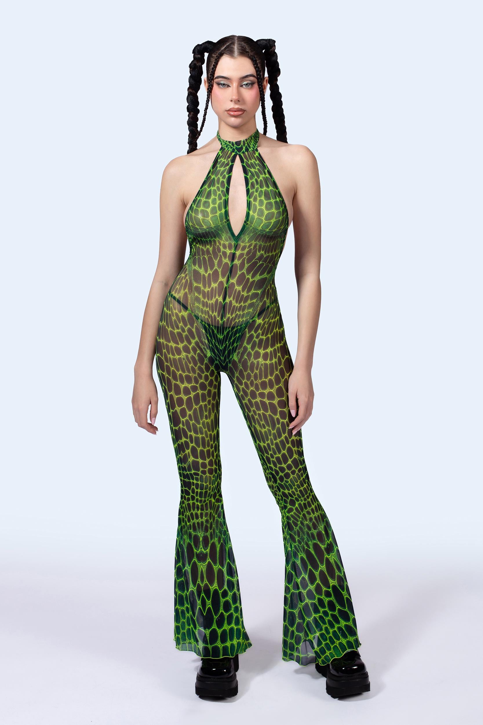 BADINKA A Little Reptilian Mesh Halter Romper Green, pink