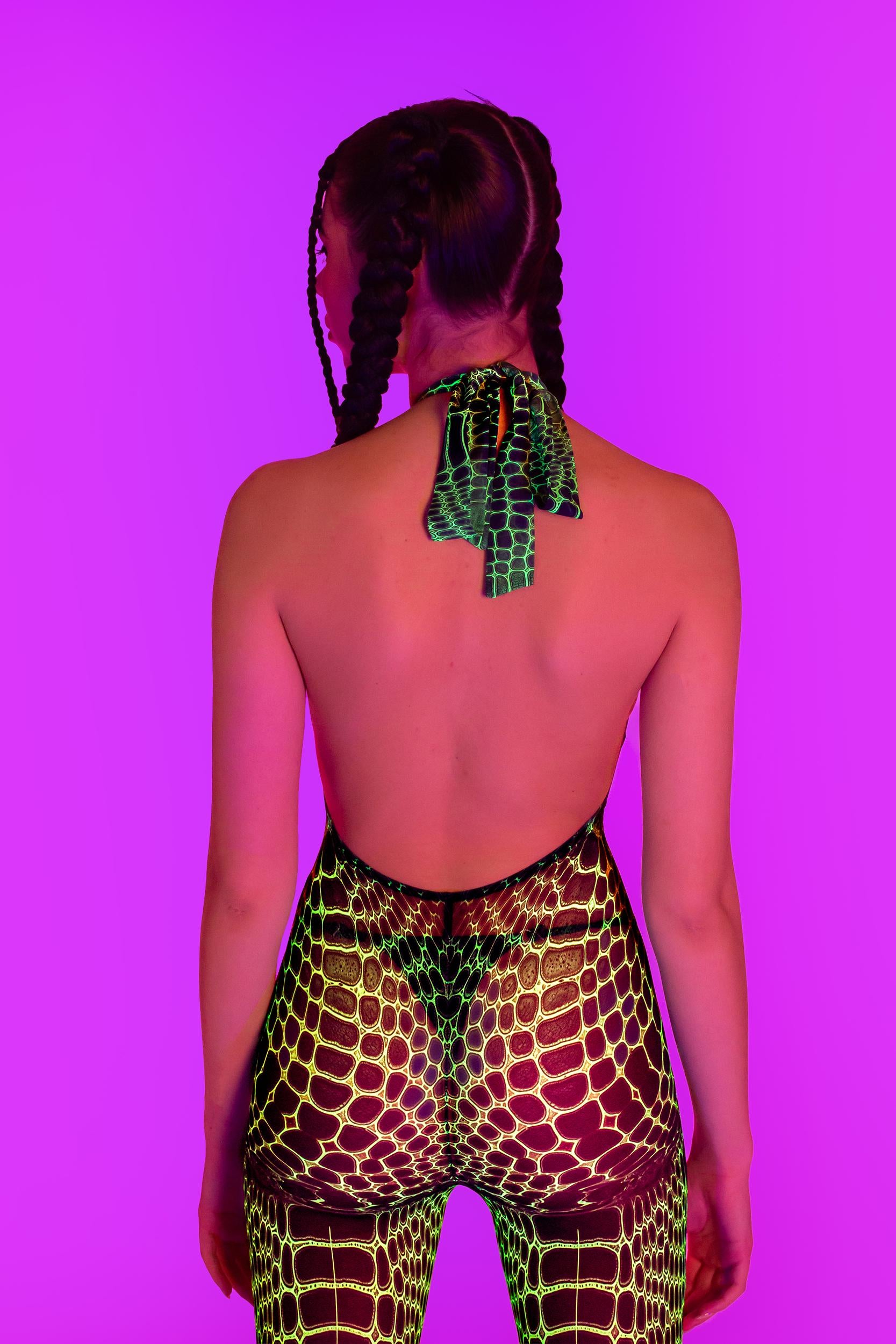 BADINKA A Little Reptilian Mesh Halter Romper Rave