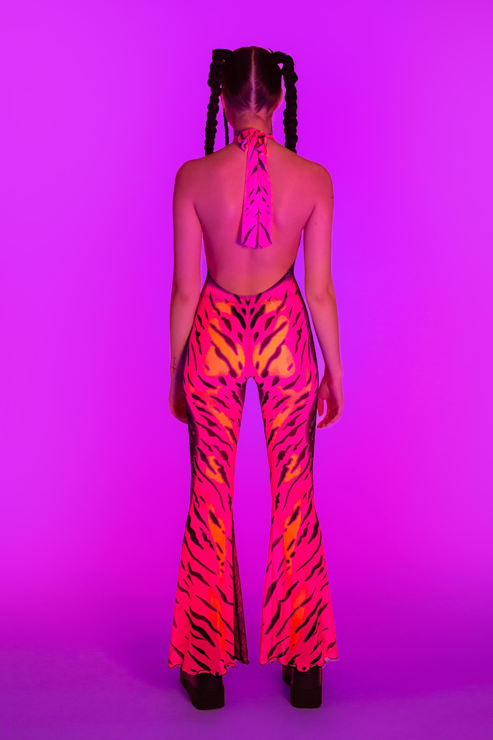 BADINKA Heightened Instinct Pink Mesh Halter Romper Bare-back, bell-bottoms, halter-neck