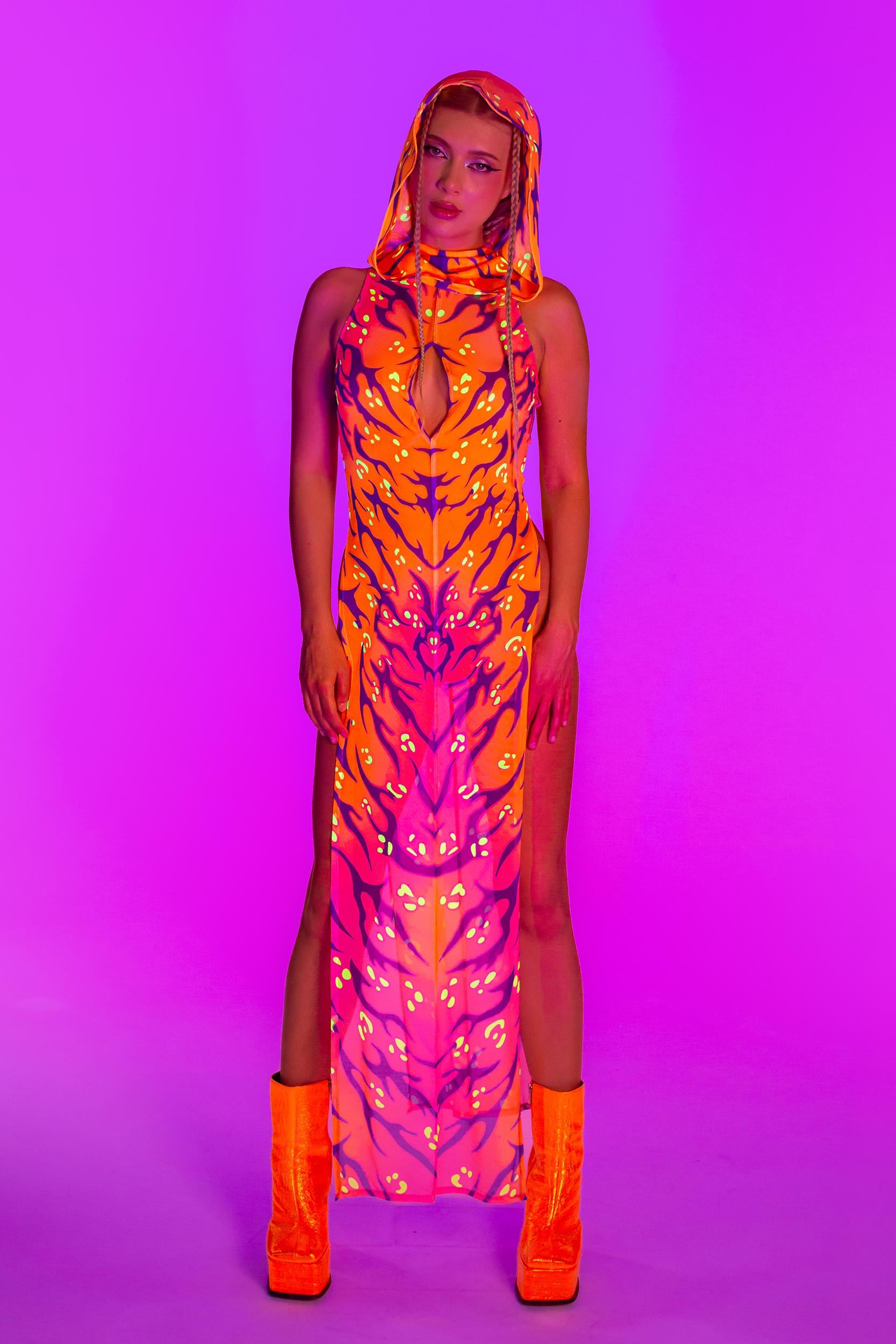BADINKA Fire Sign Hooded High Slit Dress Mesh, neon