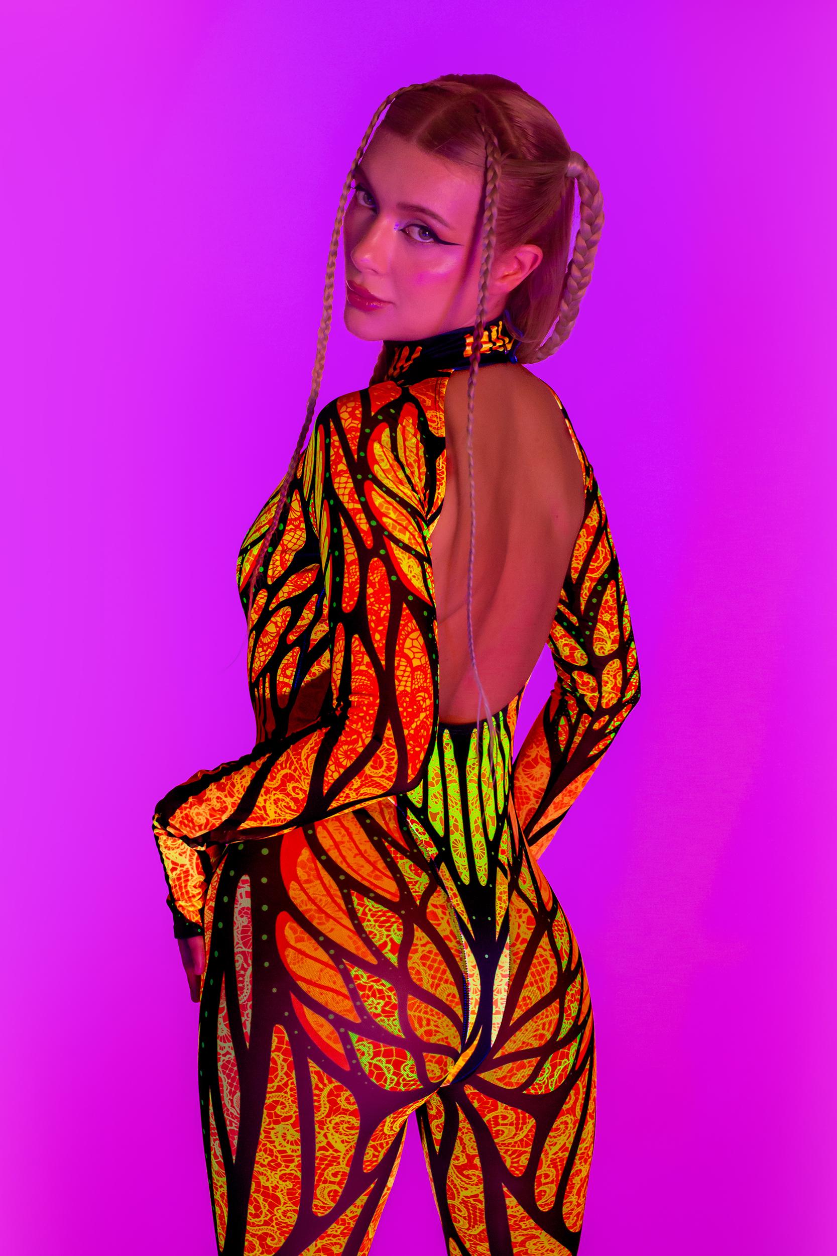 BADINKA Brilliant Orange Bareback Keyhole Catsuit Rave