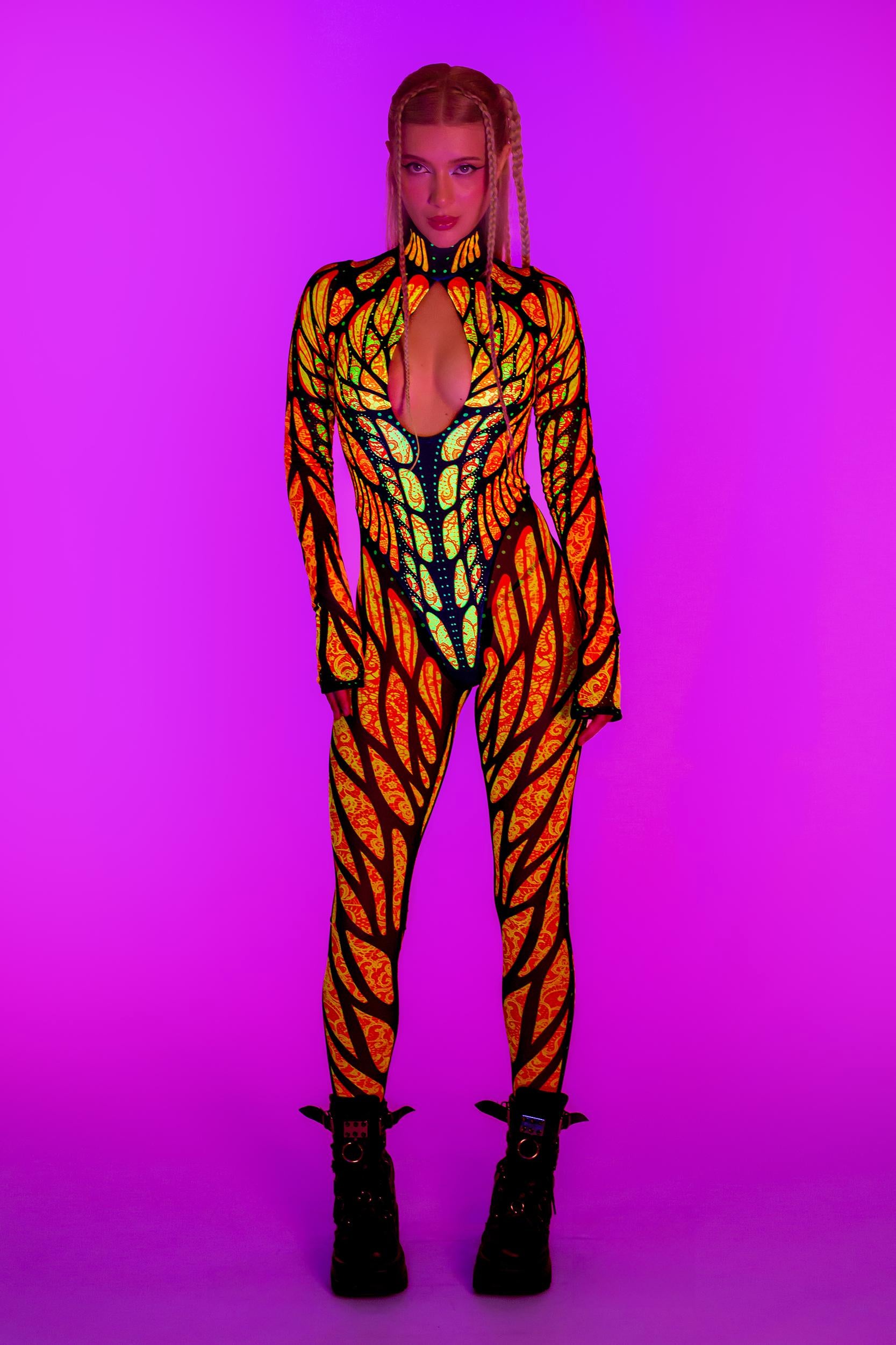 BADINKA Brilliant Orange Bareback Keyhole Catsuit Mesh, neon, spandex
