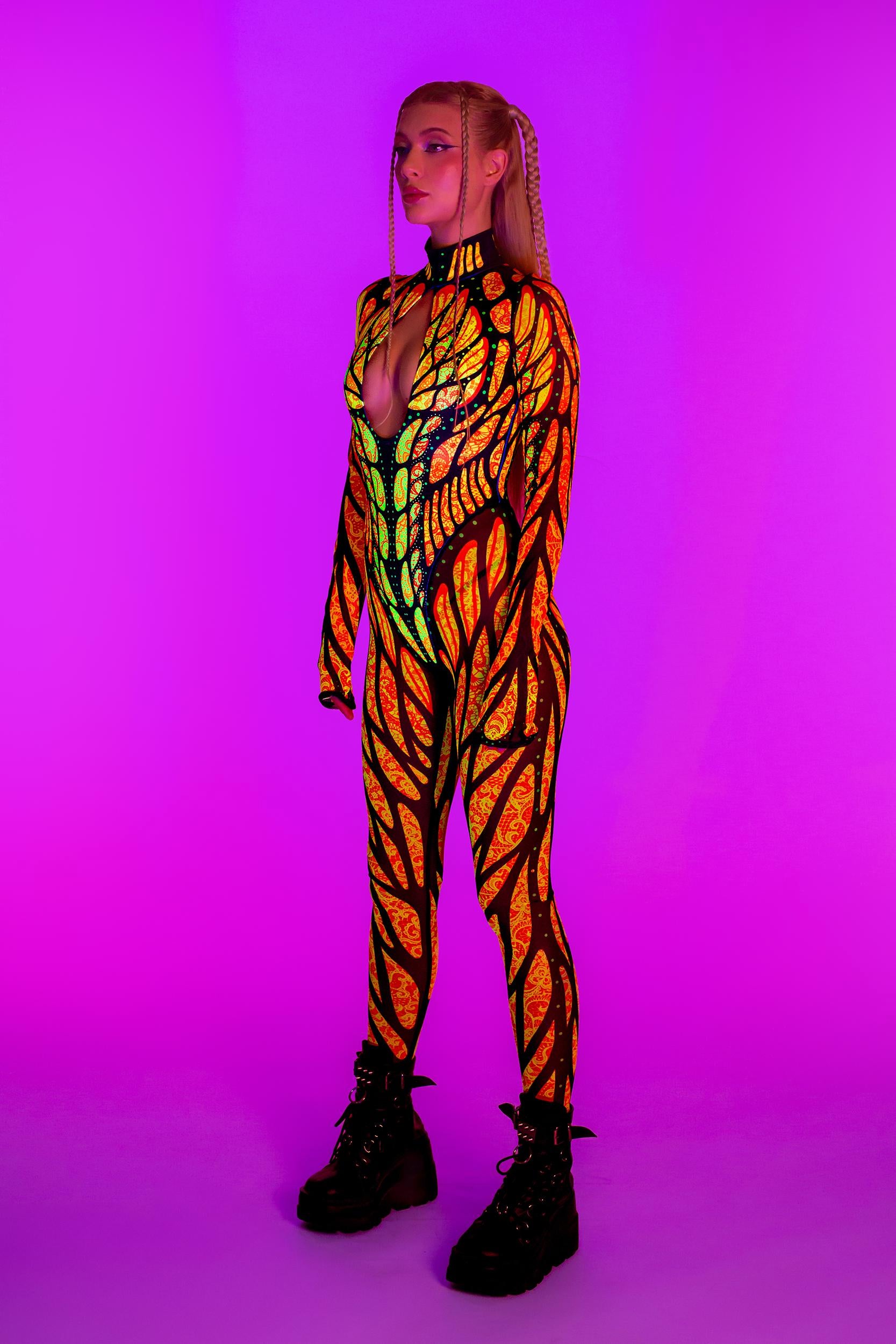 BADINKA Women Brilliant Orange Bareback Keyhole Catsuit