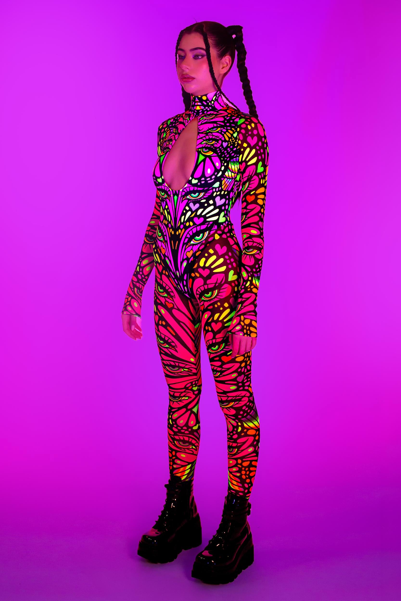 BADINKA Blink Twice Bareback Keyhole Catsuit Mesh, neon, spandex