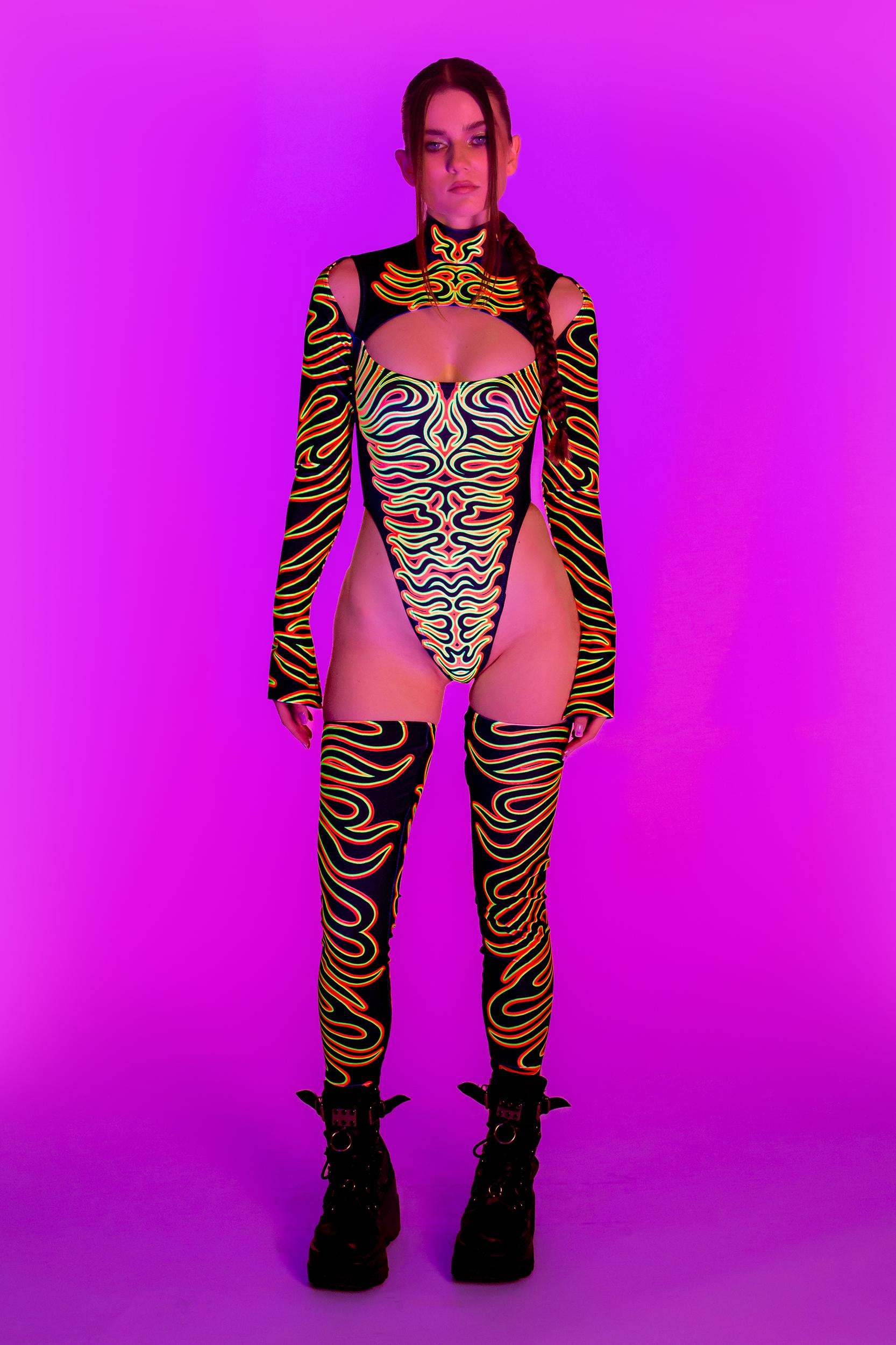 BADINKA Eye Of The Tiger Keyhole Bodysuit Mesh, neon, spandex