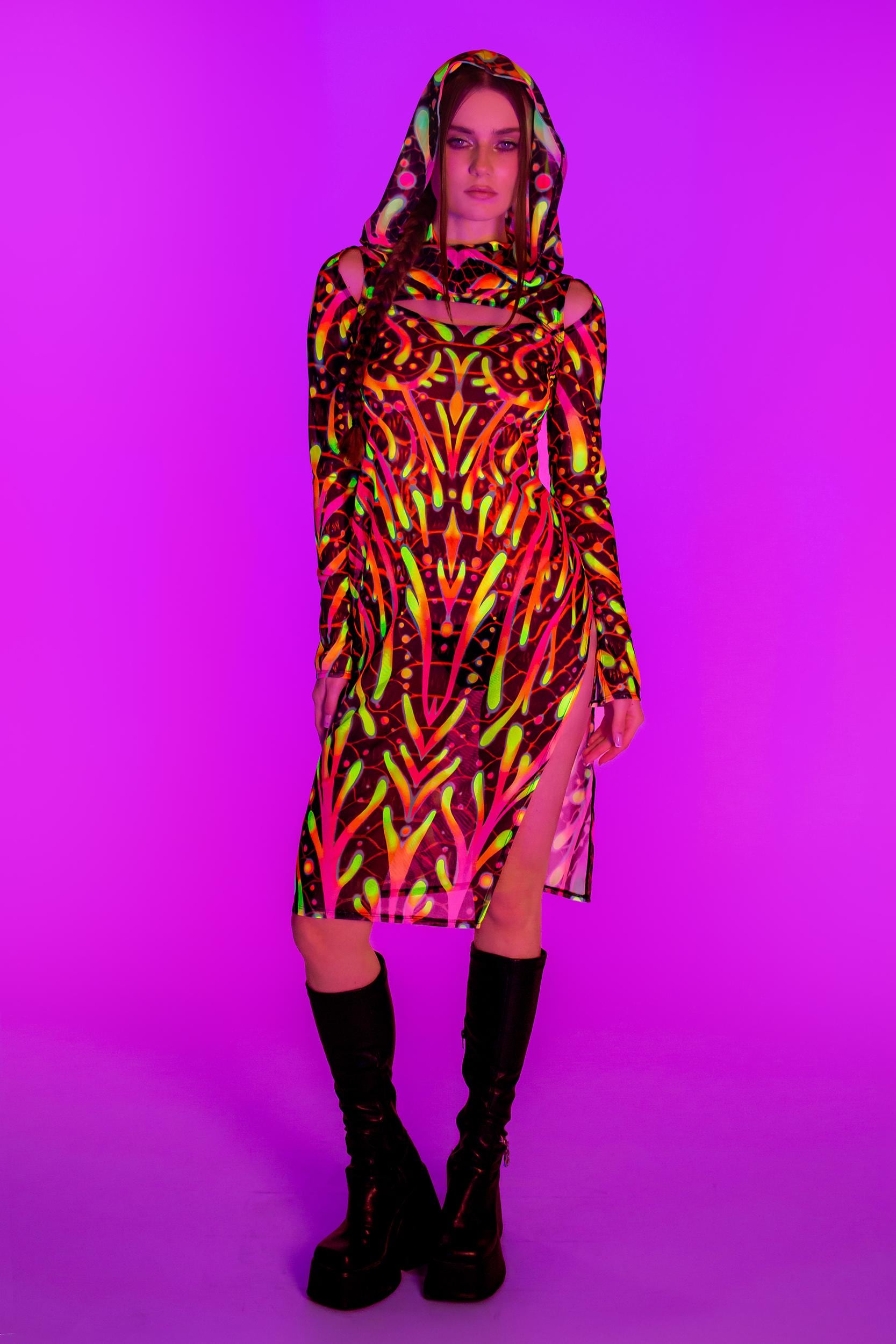BADINKA Given Form Mesh Hooded Dress Mesh, neon