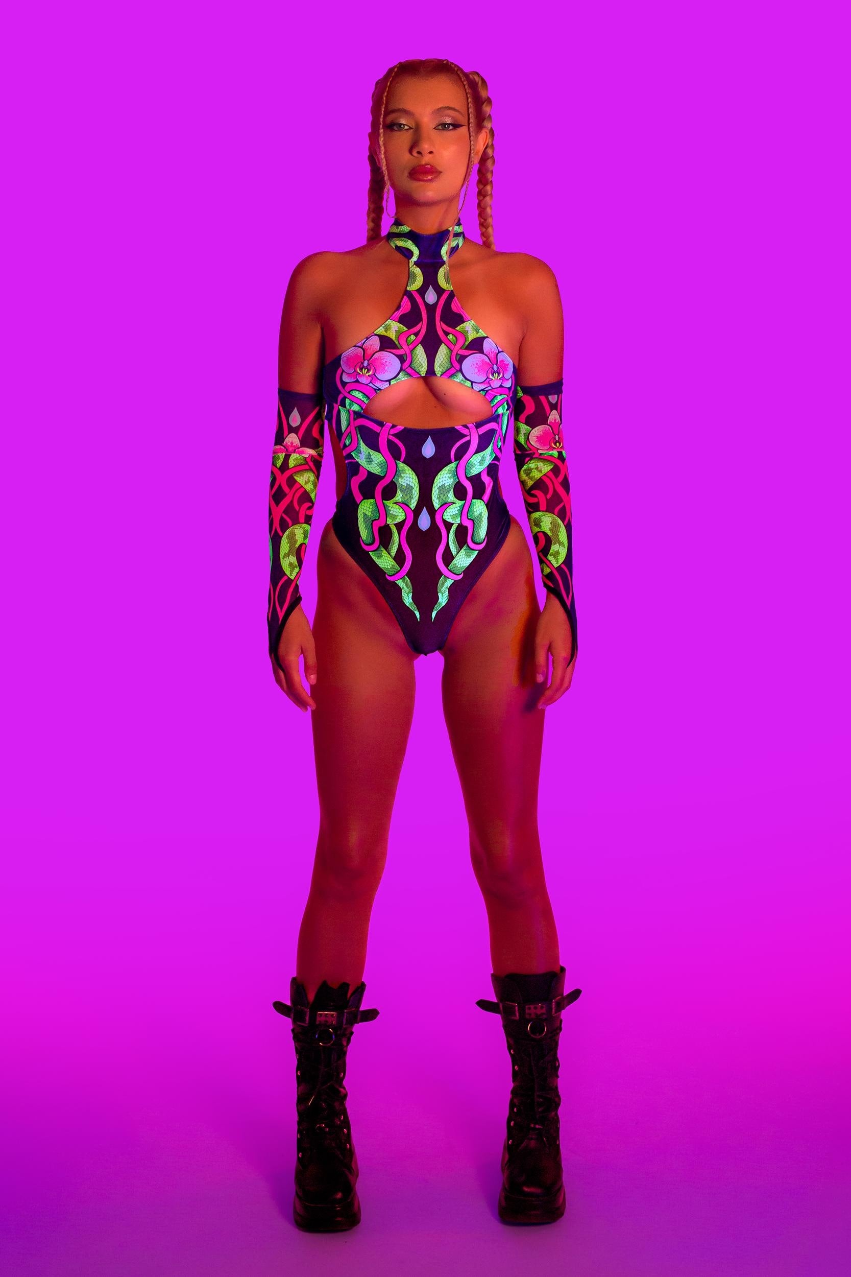 BADINKA Snakes Orchids Open Chest Bodysuit Green, pink