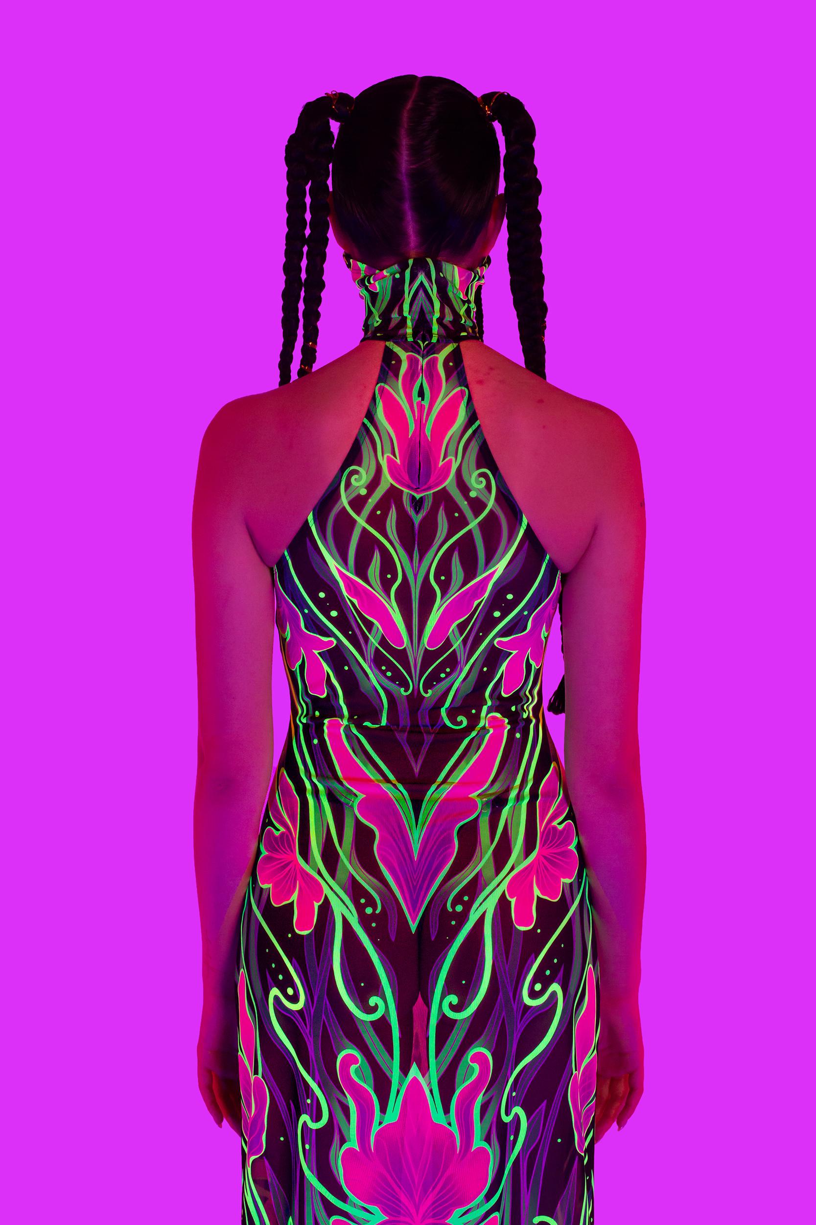 BADINKA Night Bloom Mask Halter Dress Green, pink