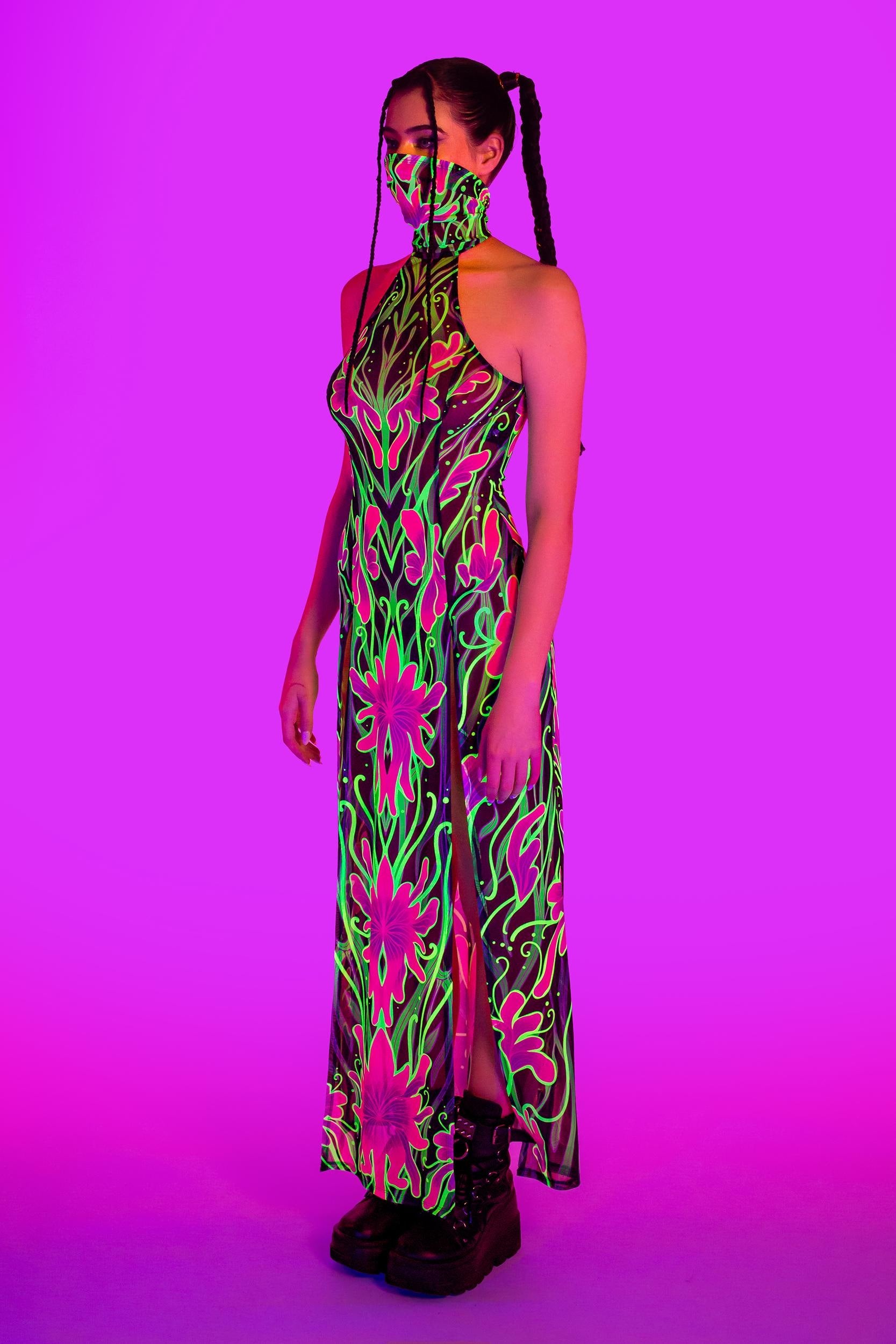 BADINKA Night Bloom Mask Halter Dress Mesh, neon