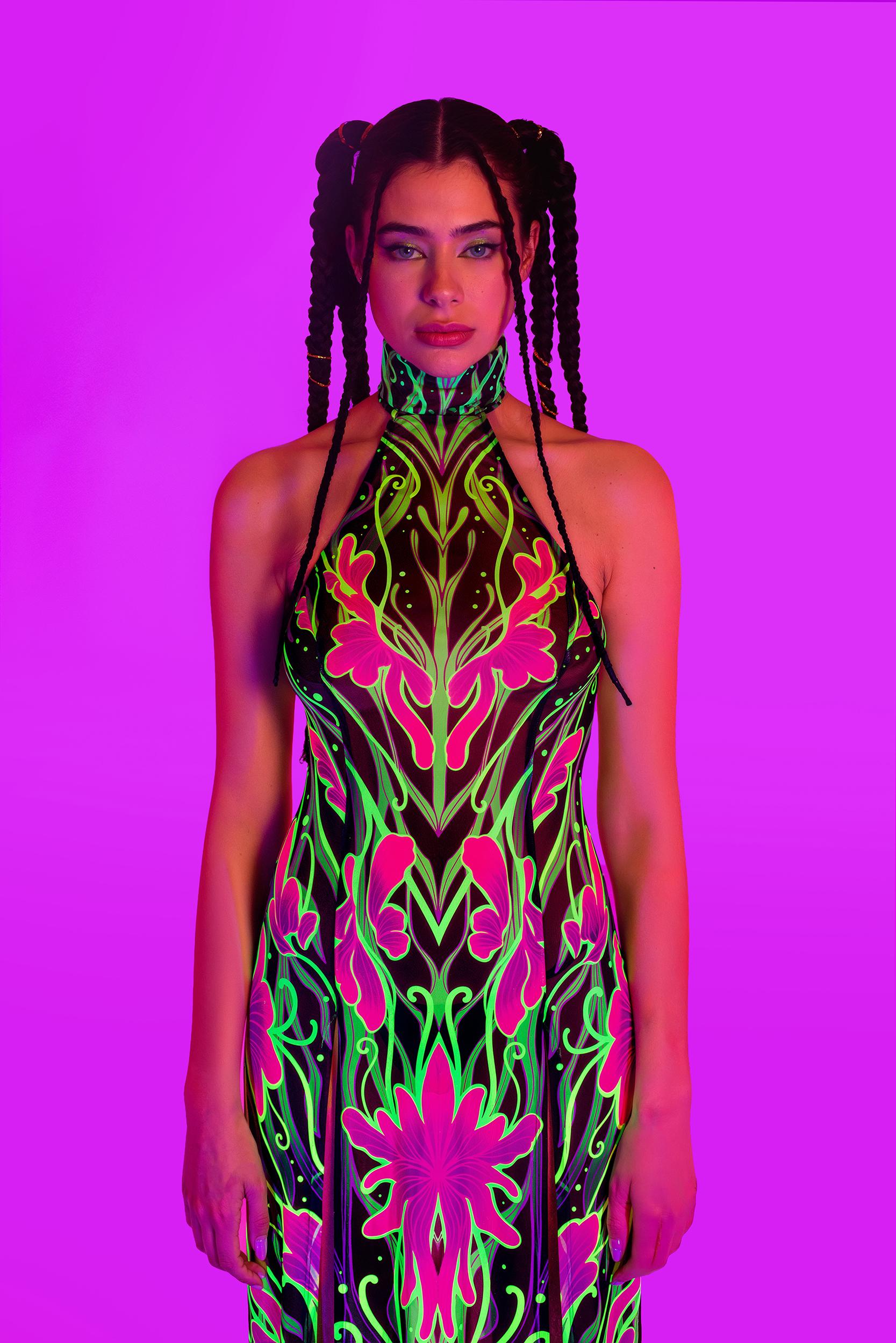 BADINKA Night Bloom Mask Halter Dress Neon-uv, psychedelic