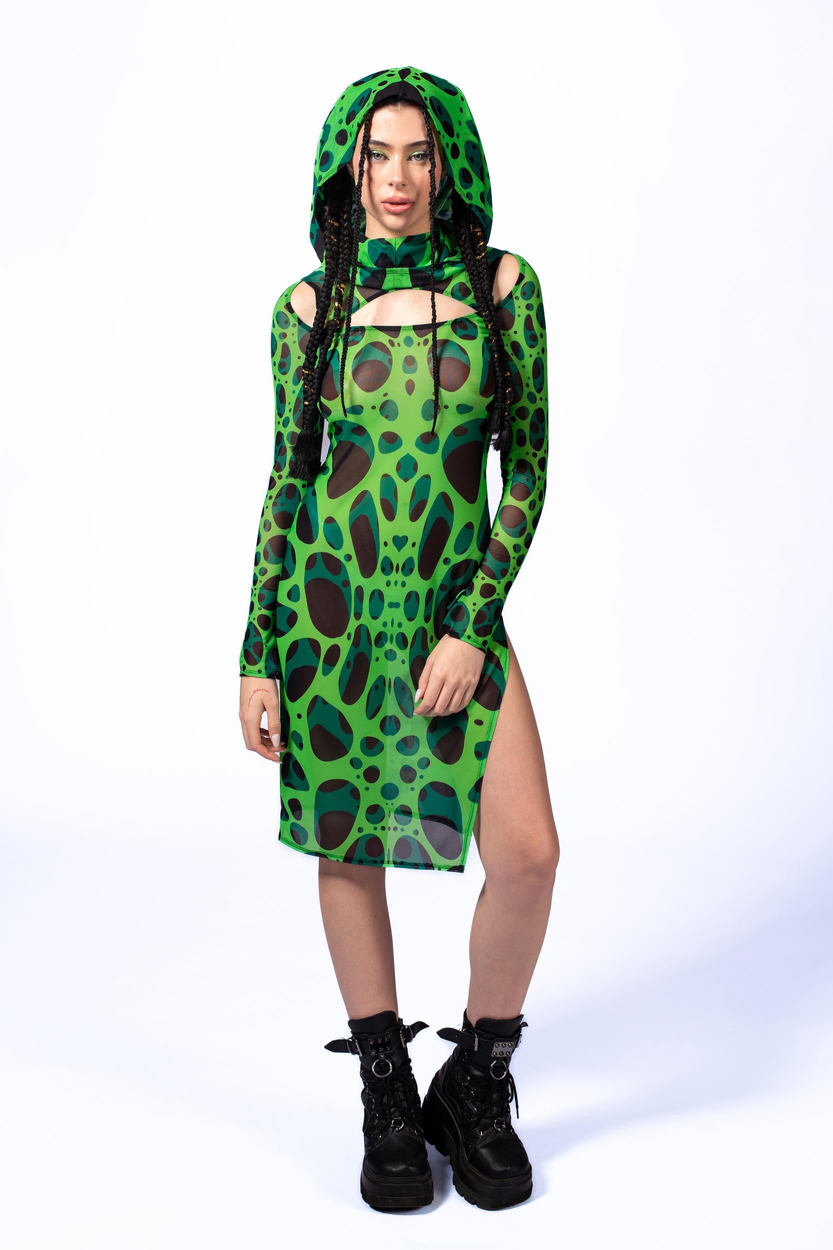 BADINKA Women Cell Division Mesh Hooded Dress