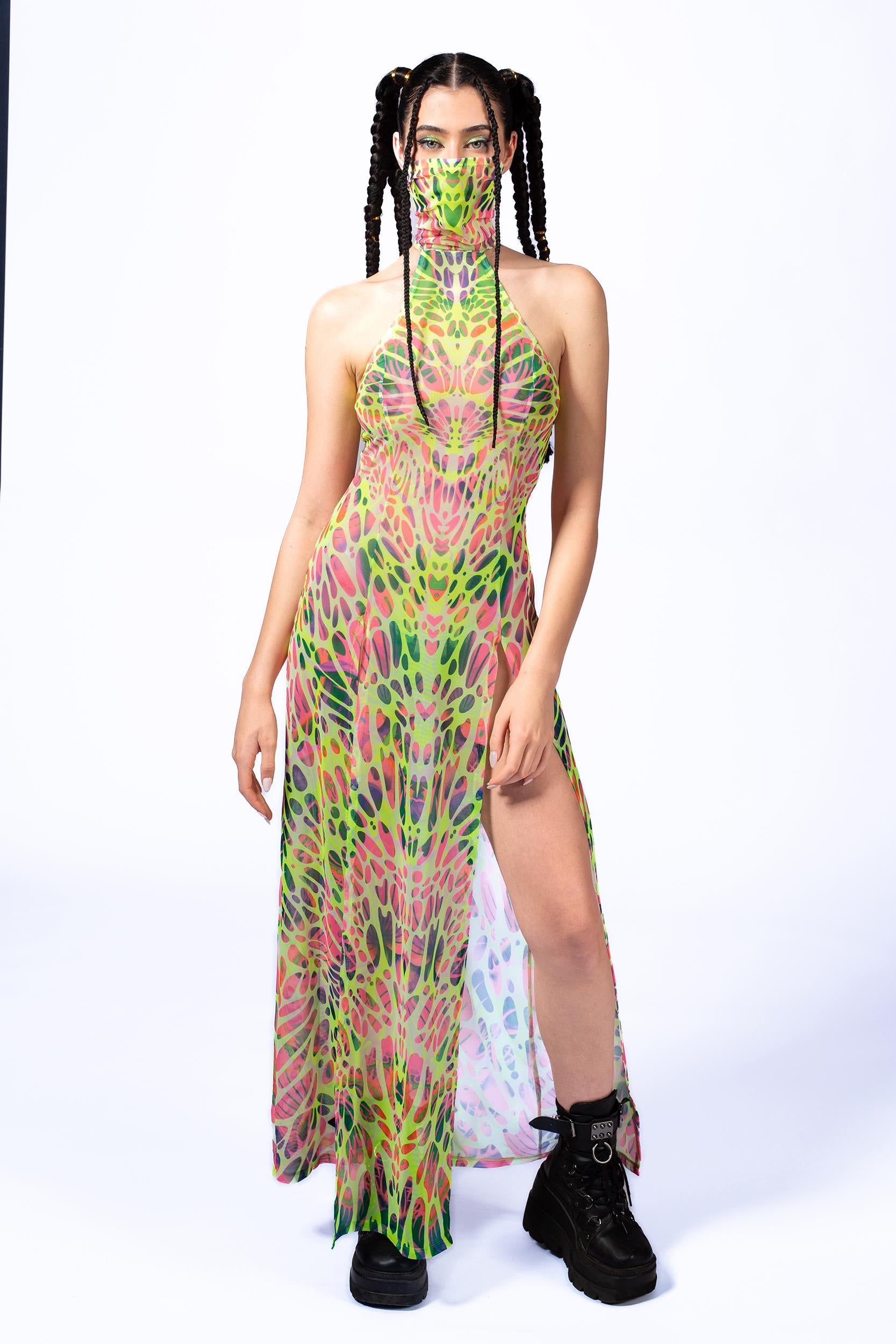 BADINKA Touch My Nerve Mask Halter Dress Pink, yellow
