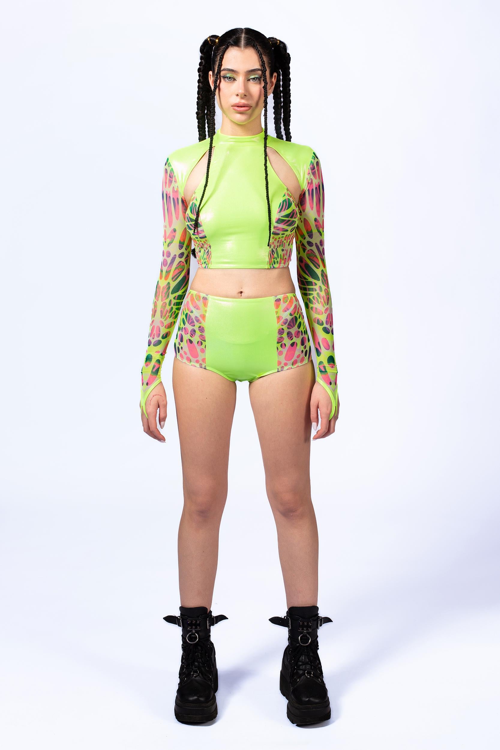 BADINKA Women Lime Wire Paneled Shorts