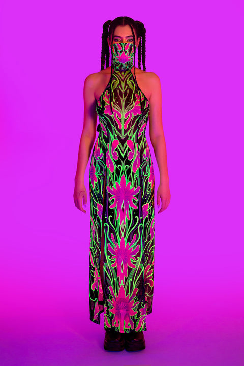 Night Bloom Mask Halter Dress