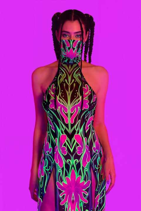 Night Bloom Mask Halter Dress