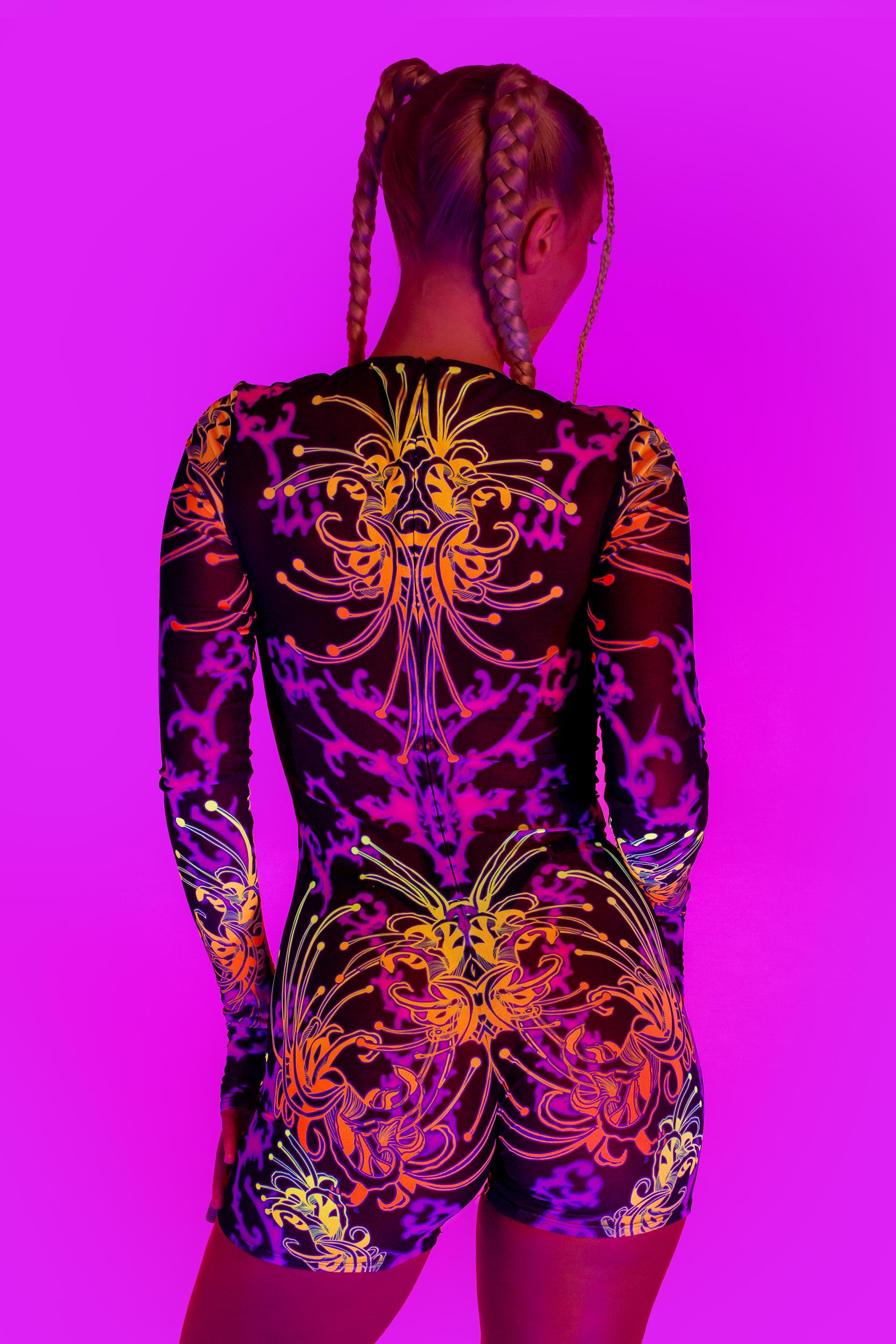 BADINKA Organized Chaos Lace Up Romper Orange, purple