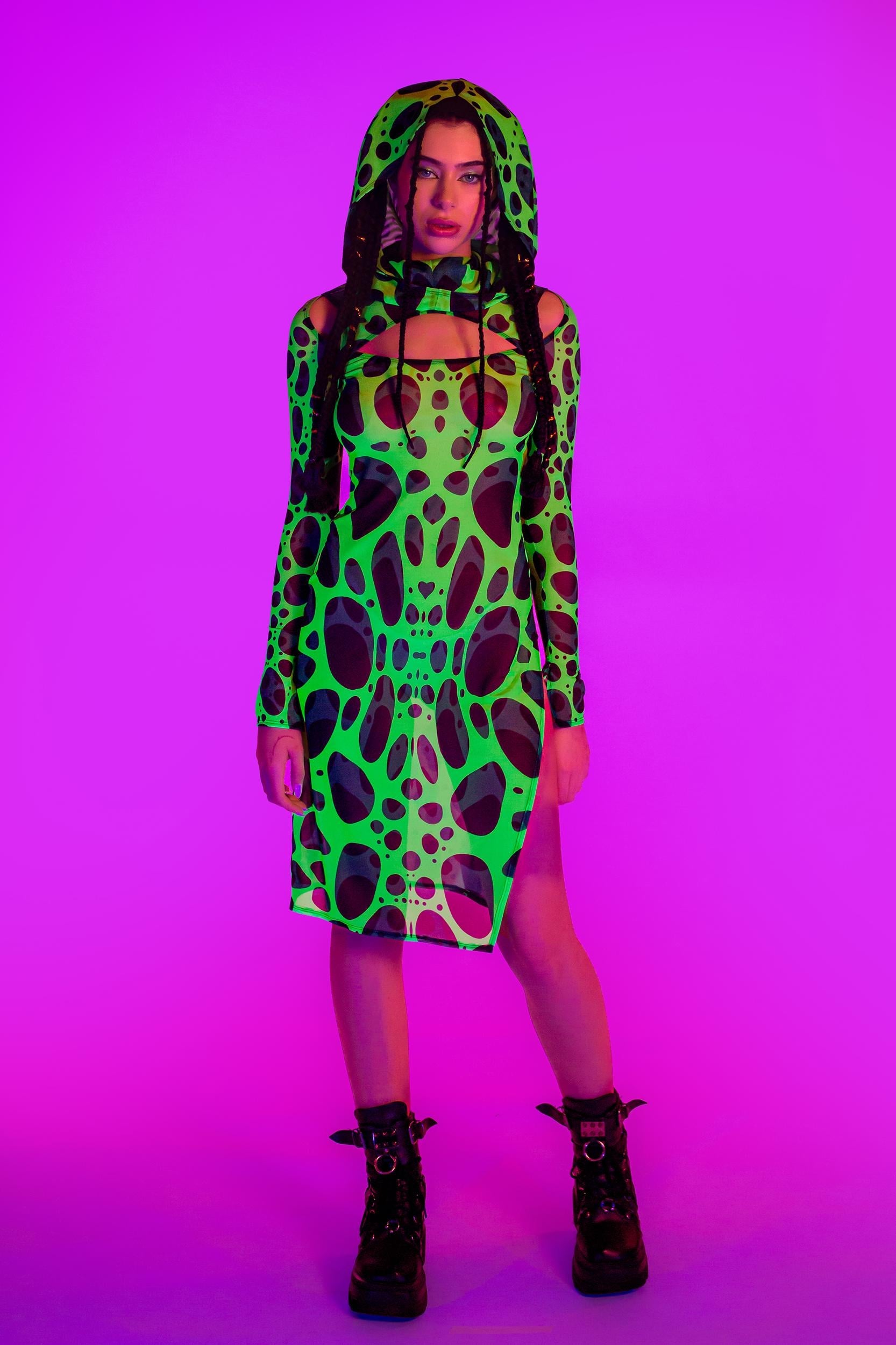 BADINKA Cell Division Mesh Hooded Dress Rave