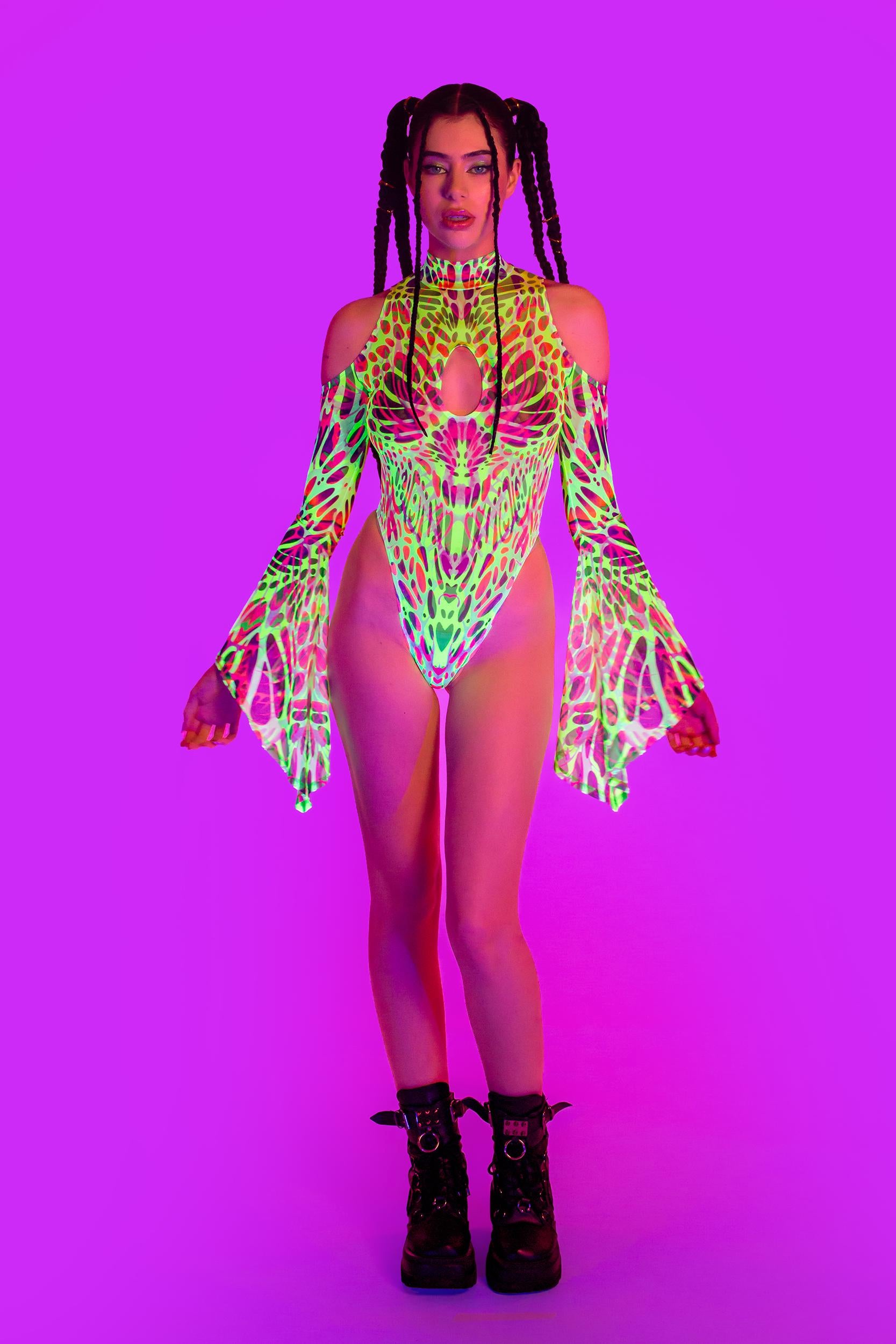 BADINKA Touch My Nerve Flared Sleeve Bodysuit Mesh, neon