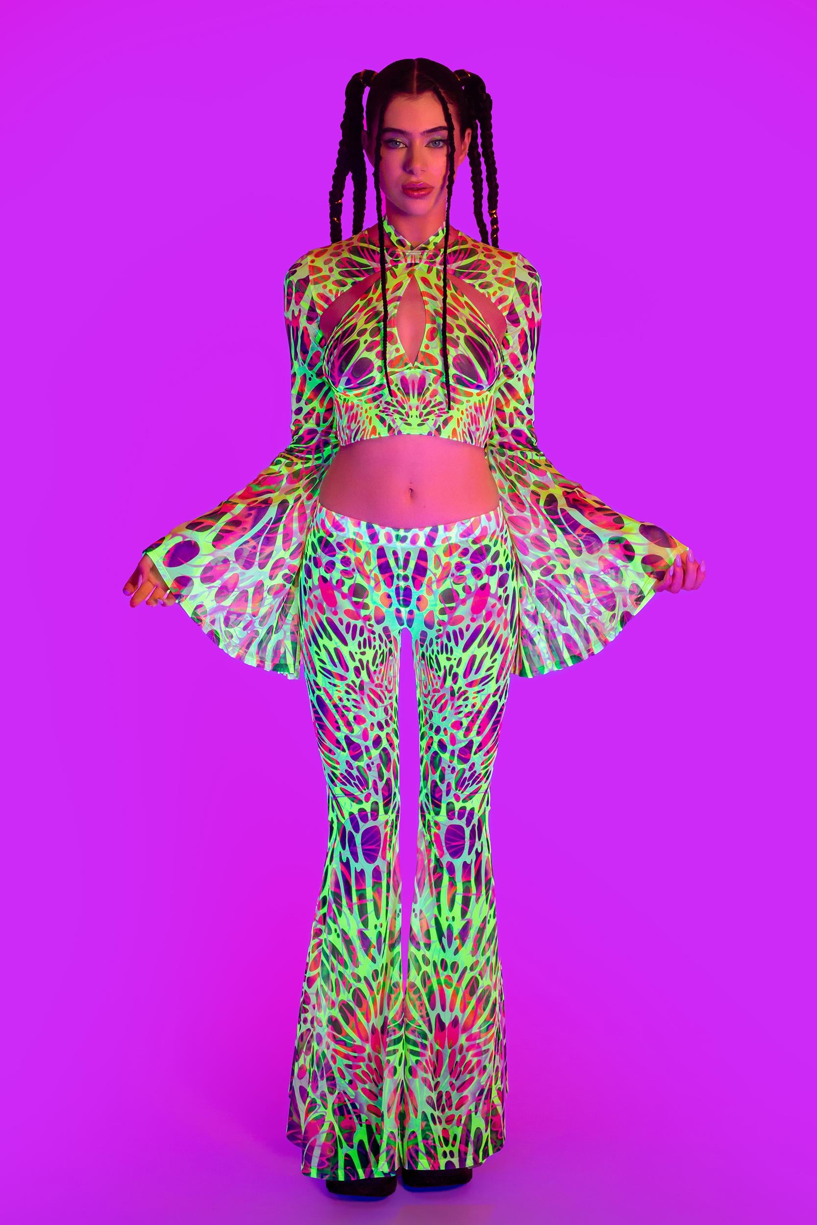 BADINKA Touch my Nerve Mesh Bell Bottoms Pants Mesh, neon