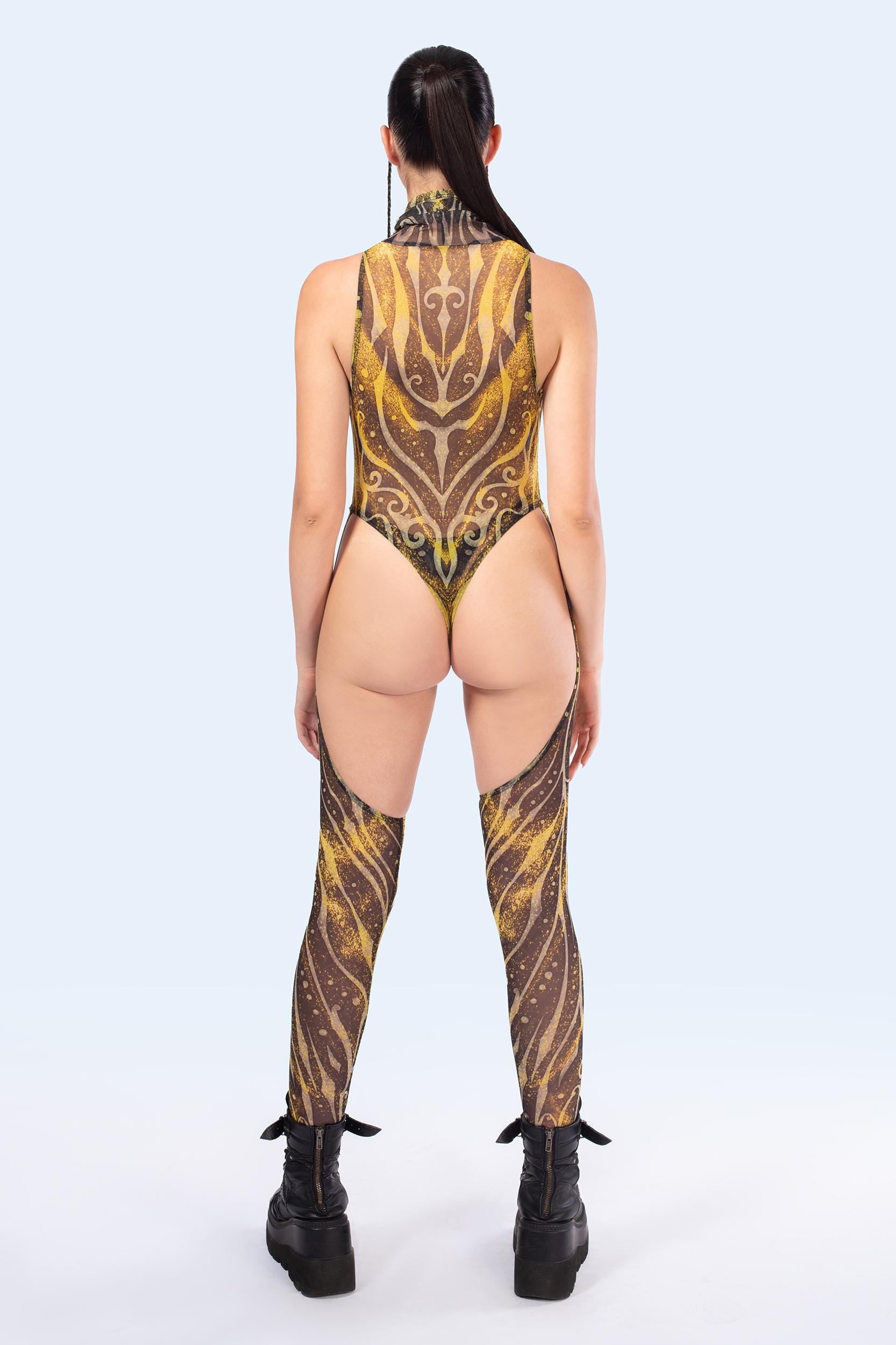 BADINKA C[Burning Man 2026] Gold Dust Mesh Cut-Out Catsuit Goddess, psychedelic