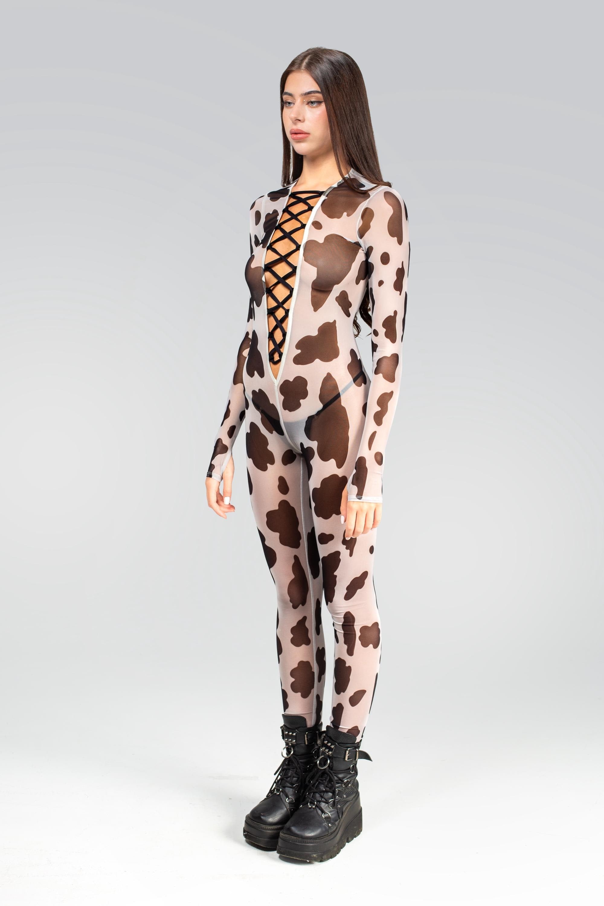 BADINKA Milk Me Lace Up Catsuit Mesh