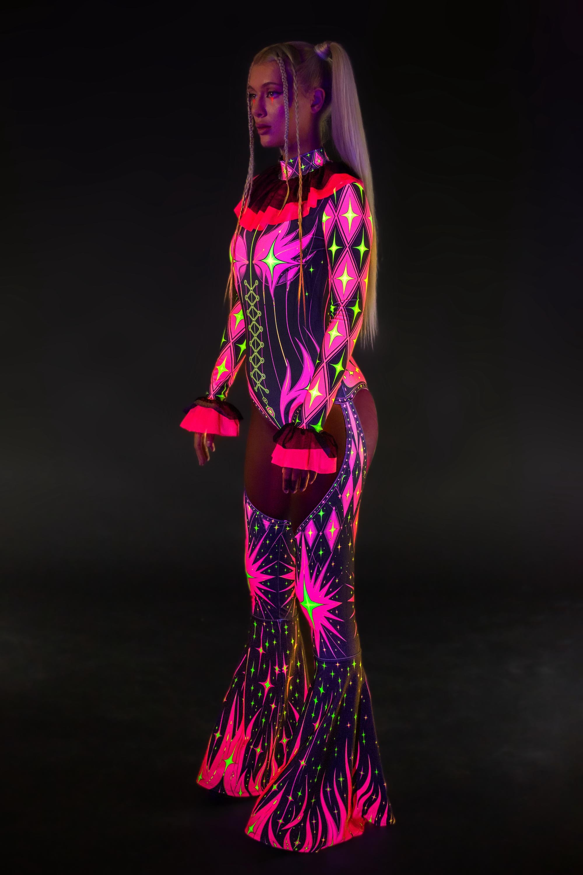 BADINKA Really Bad Joke Ruffled Collar Catsuit Neon, spandex