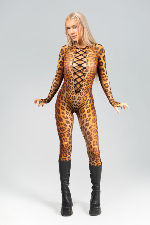 Cat Call Lace Up Catsuit