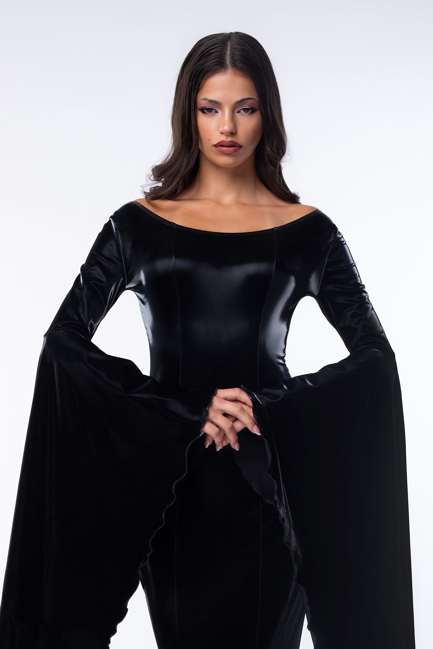 BADINKA gothic matron macabre maxi sleeve dress for Halloween; with mermaid cut and shiny black spandex fabric; close-up front view