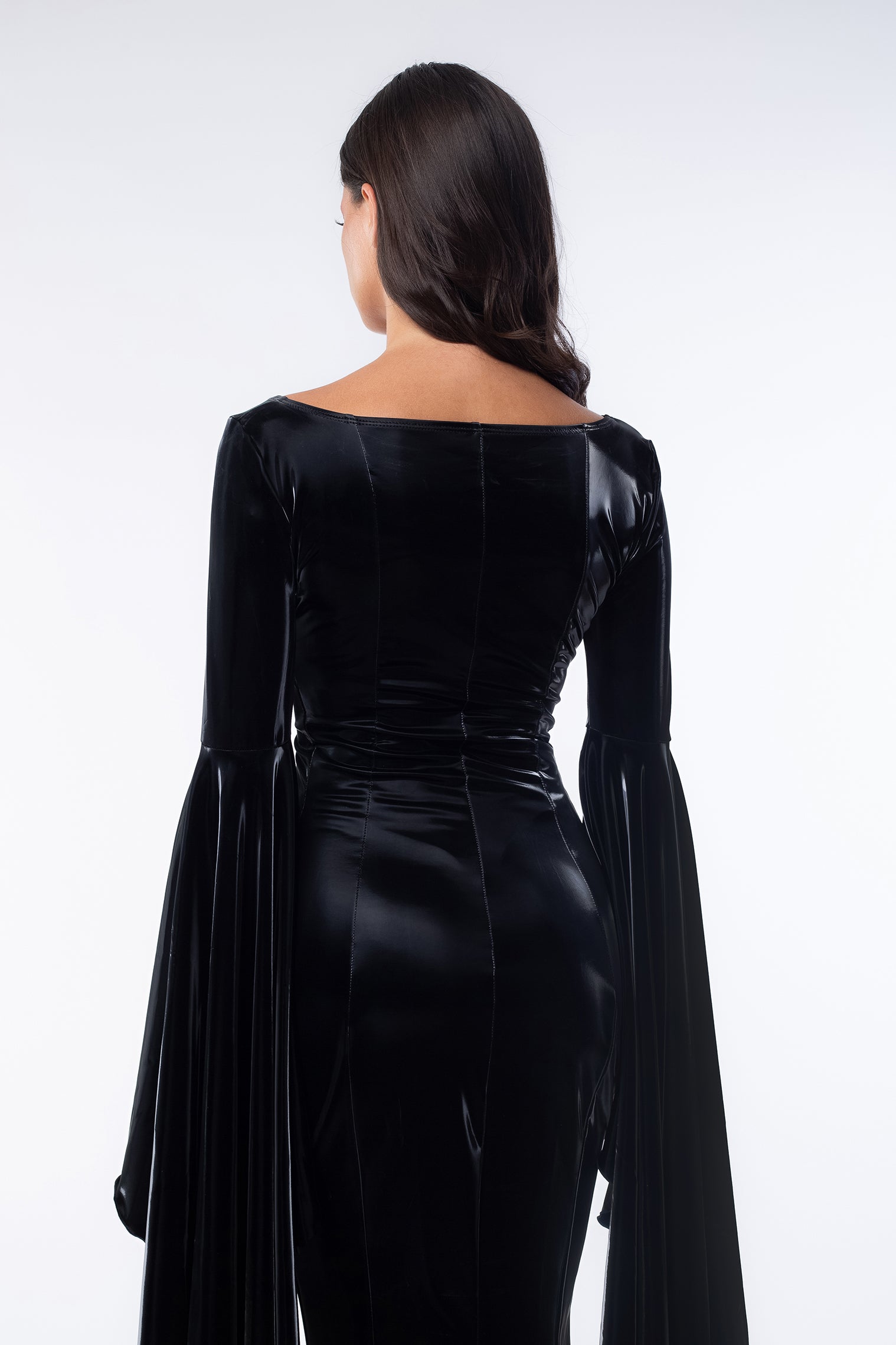 BADINKA gothic matron macabre maxi sleeve dress for Halloween; with mermaid cut and shiny black spandex fabric; close-up back view