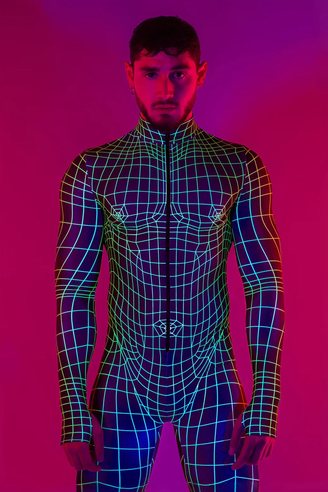 man wearing uv reflective cyber network costume