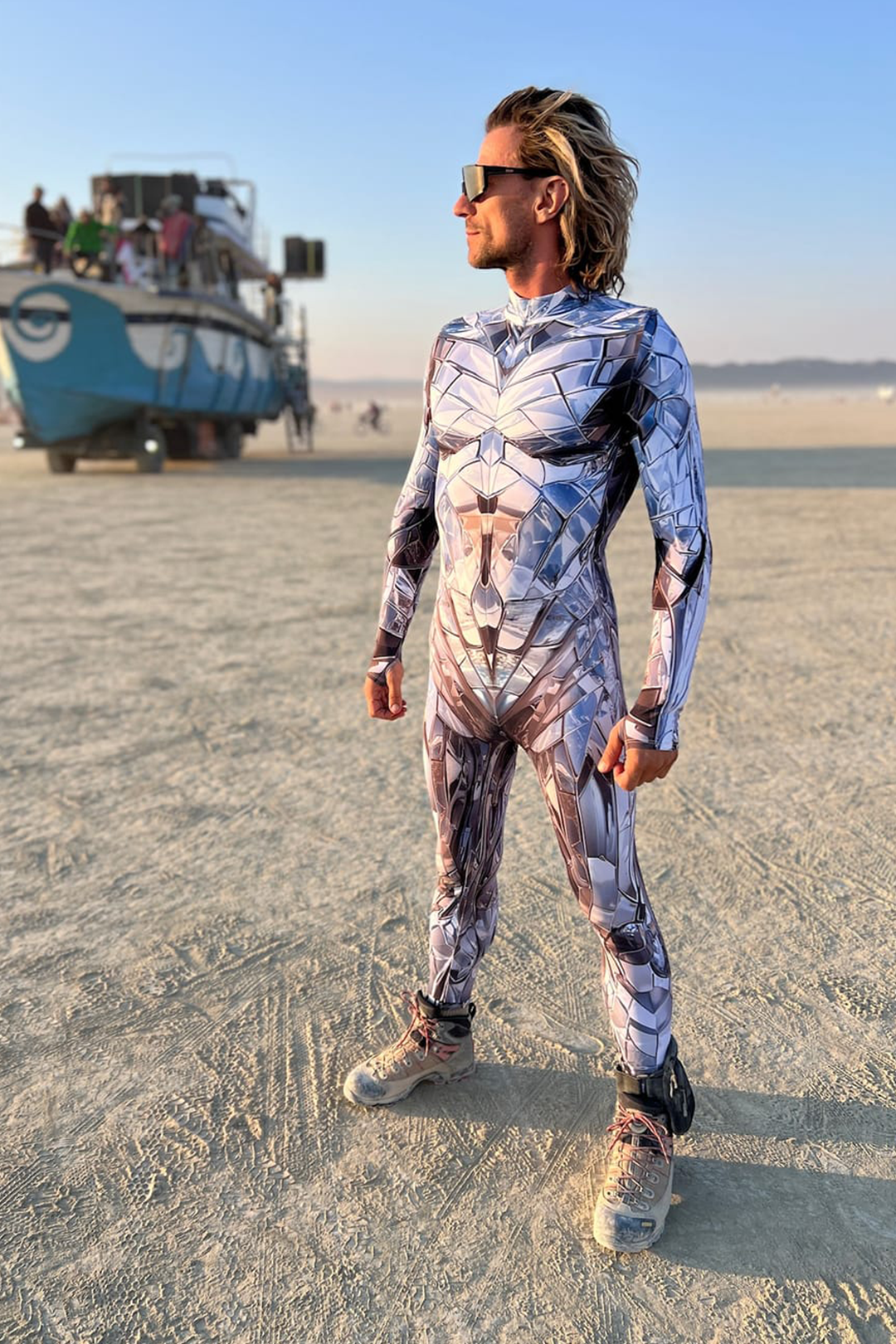 Man wearing a cyber-robotic costume at Burning Man desert festival