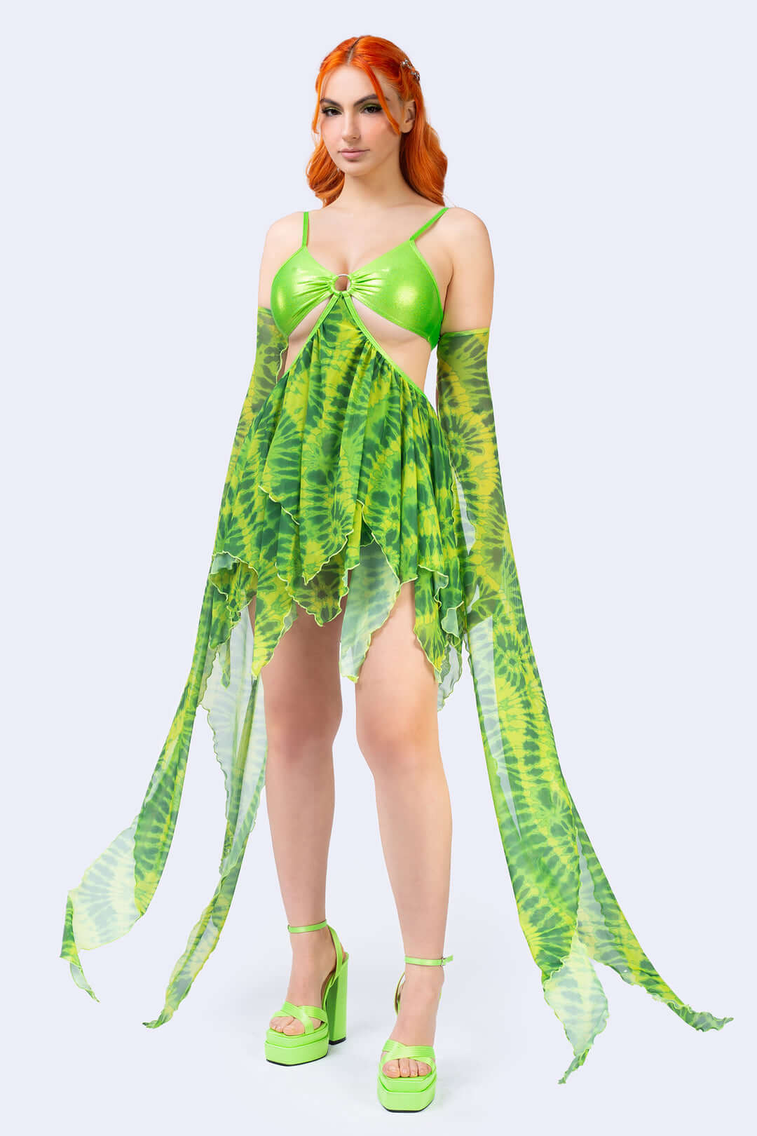 green asymmetrical fairy dress with maxi sleeves