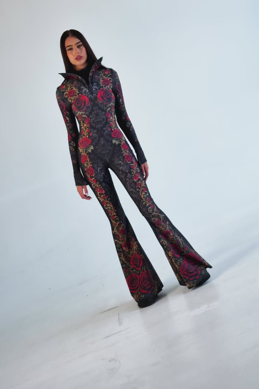 BADINKA Roses & Ruin High Collar Costume Bell-bottoms, front-zip