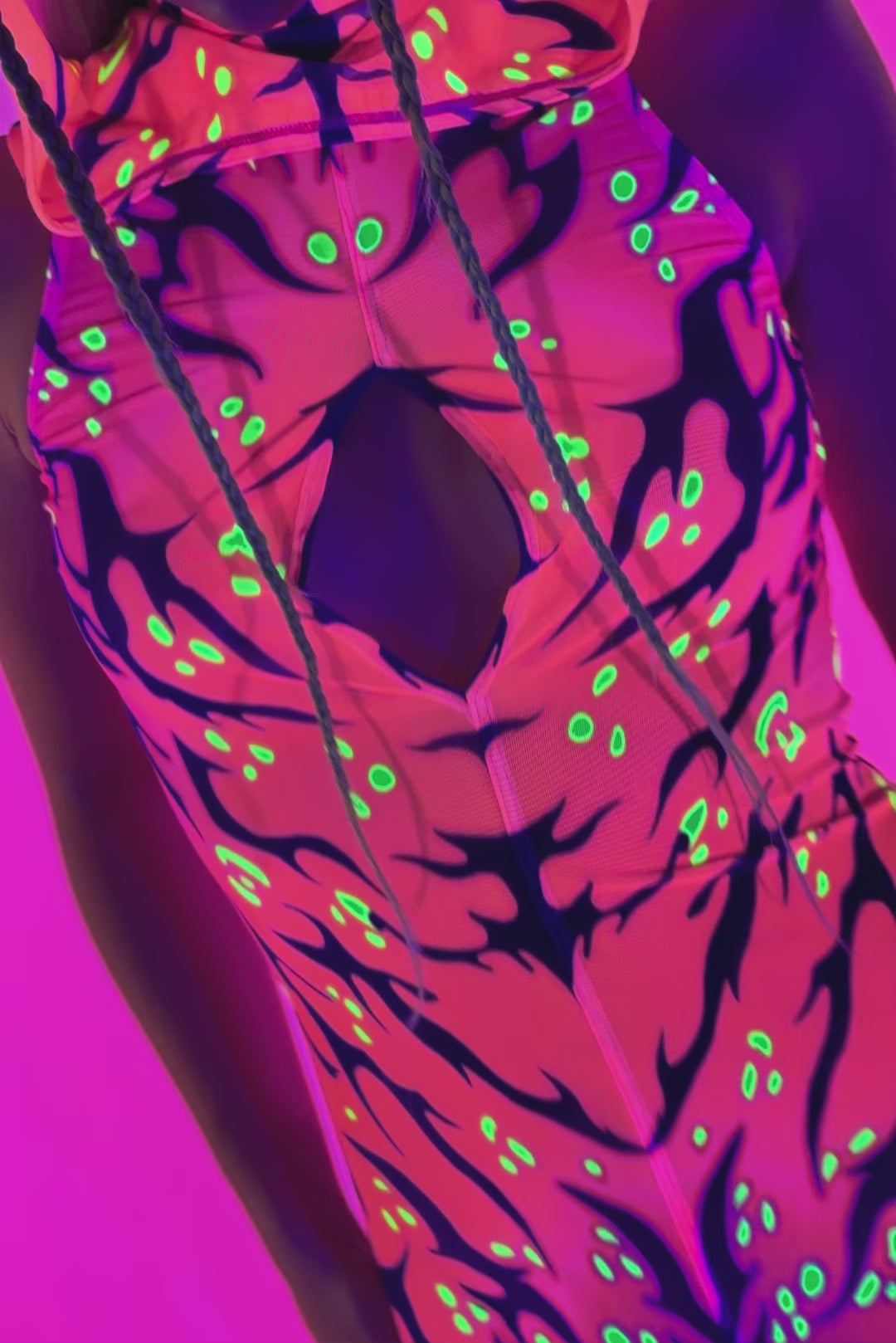 BADINKA Fire Sign Hooded High Slit Dress Neon-uv, psychedelic