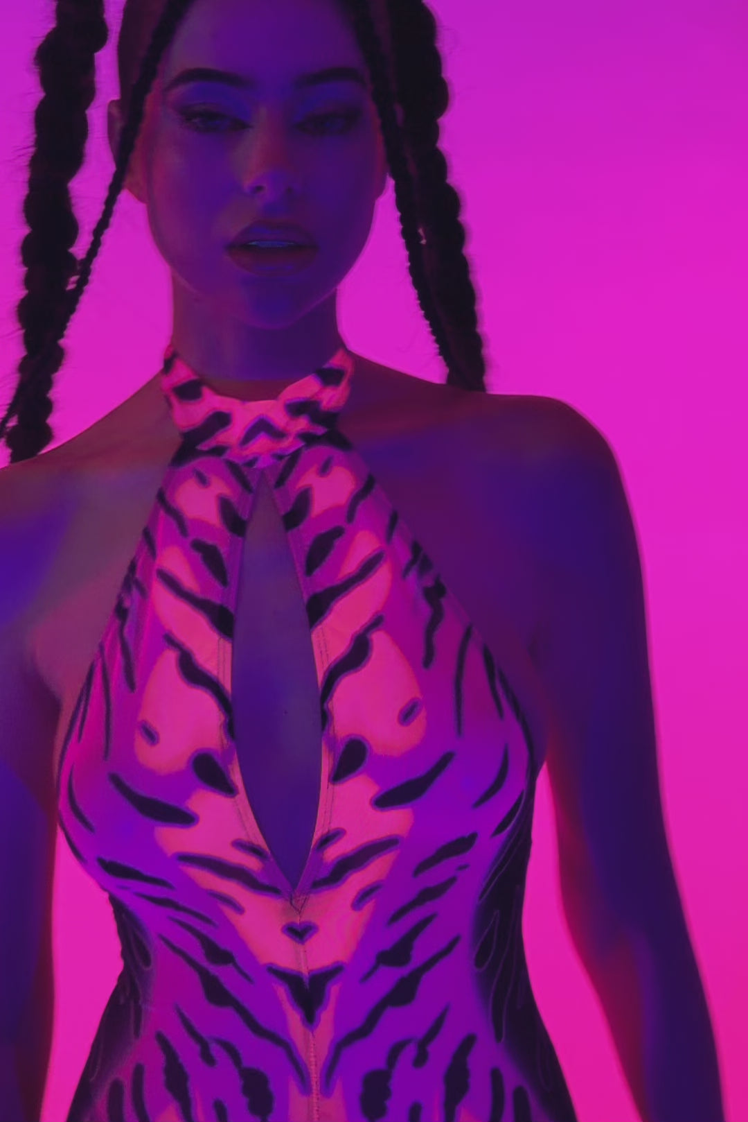 BADINKA Heightened Instinct Pink Mesh Halter Romper Neon-uv, psychedelic