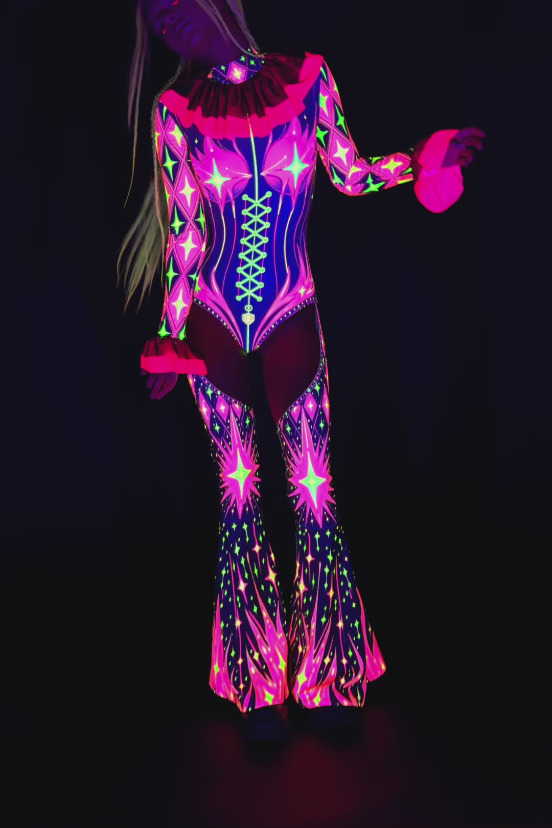 BADINKA Really Bad Joke Ruffled Collar Catsuit Clown, neon-uv
