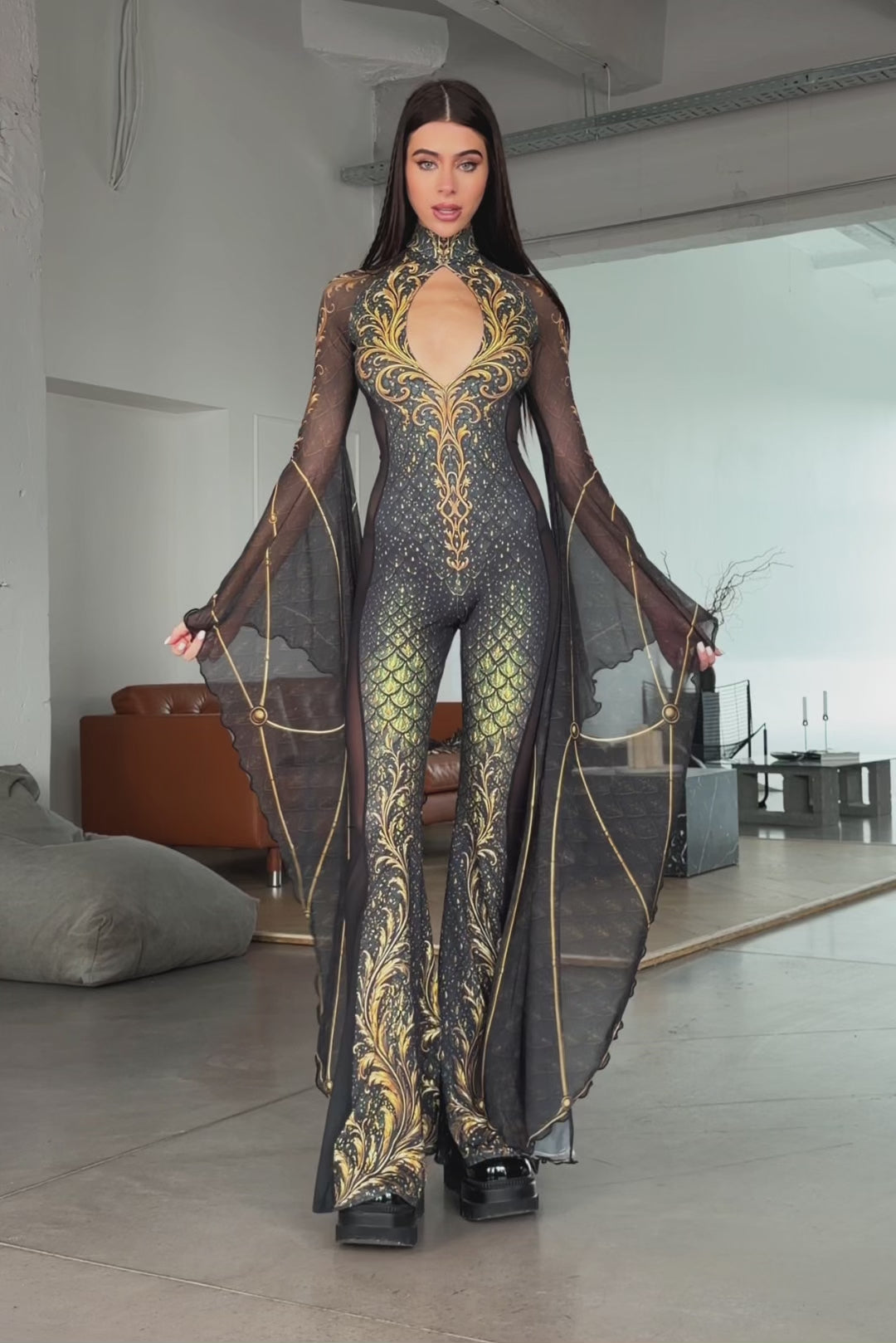 BADINKA Divine Affair Keyhole Veil Catsuit Back-zip, bell-bottoms, cut-out, flowy, keyhole