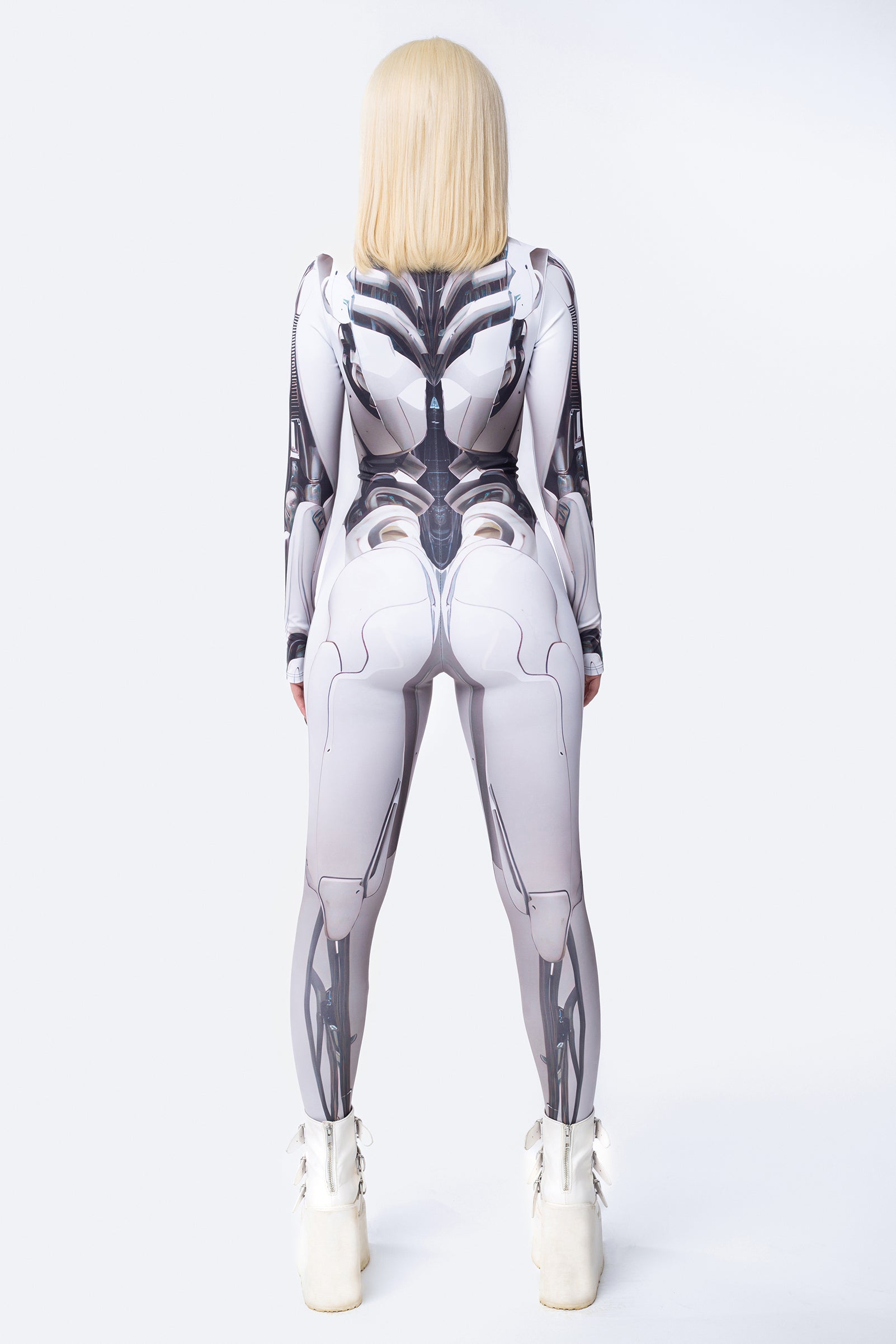 BADINKA mechanical droid print costume for women for Halloween; UV-reactive details and mock neckline; back view