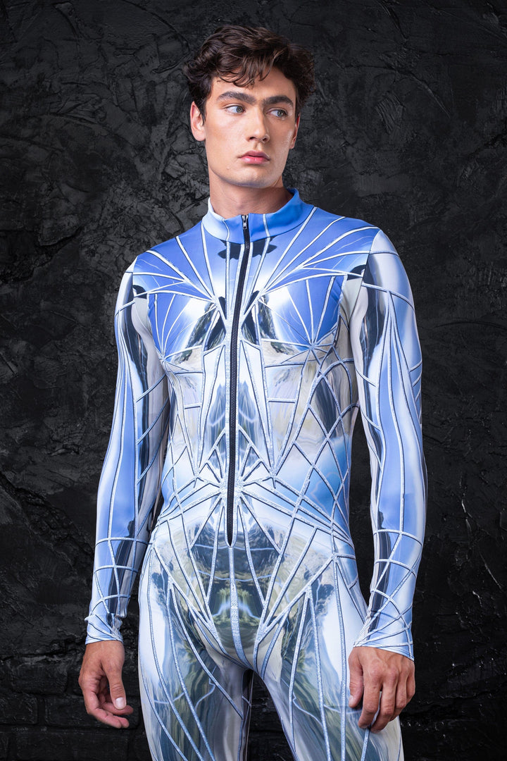Man wearing a reflective broken mirror costume