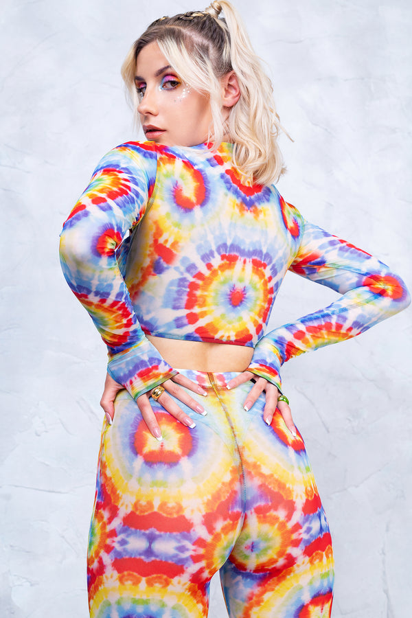 Tie Dye Sleeved Crossed Mesh Top
