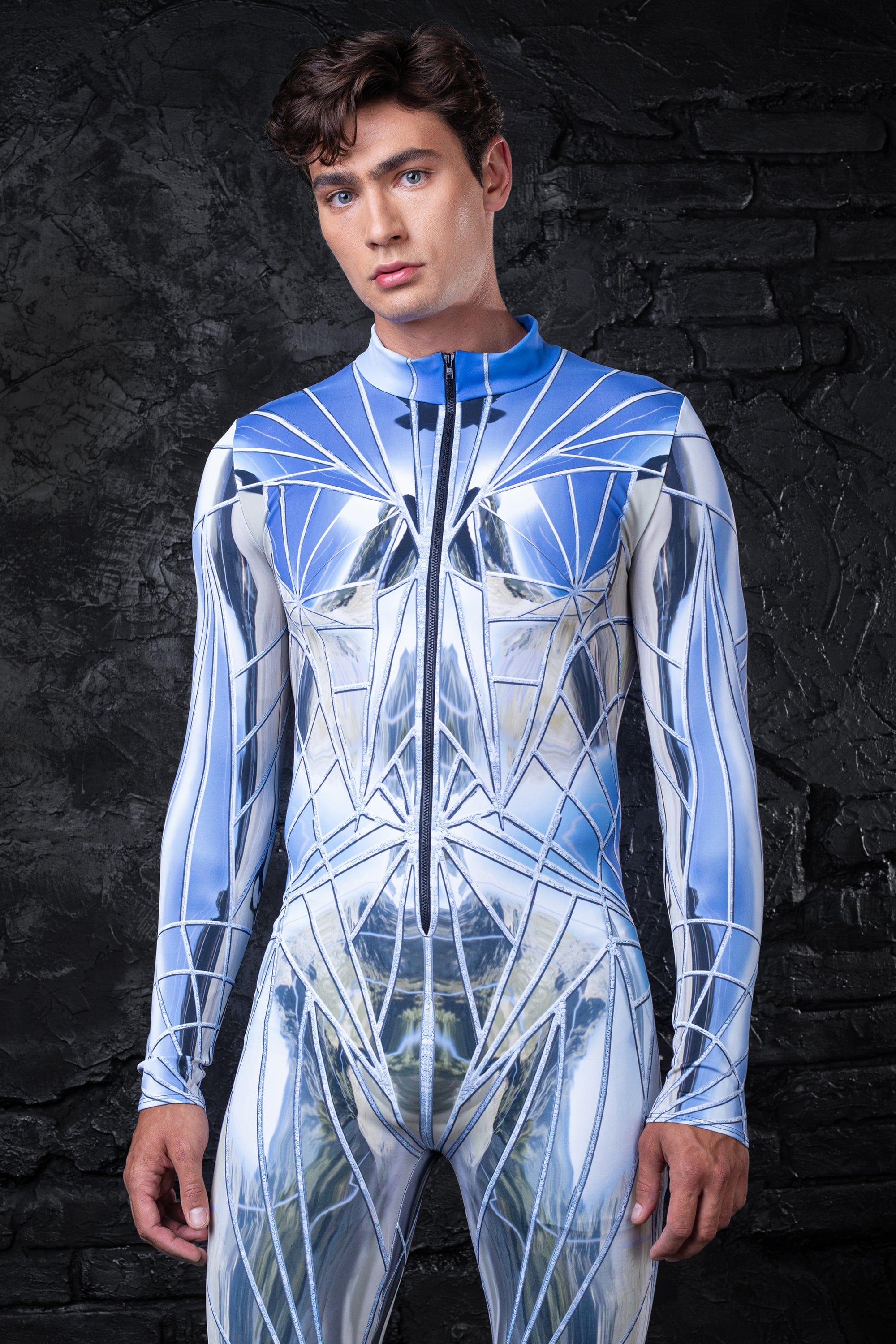 BADINKA men's printed Halloween costume, silver broken mirror pattern, mock neck and long sleeves; close-up front model view